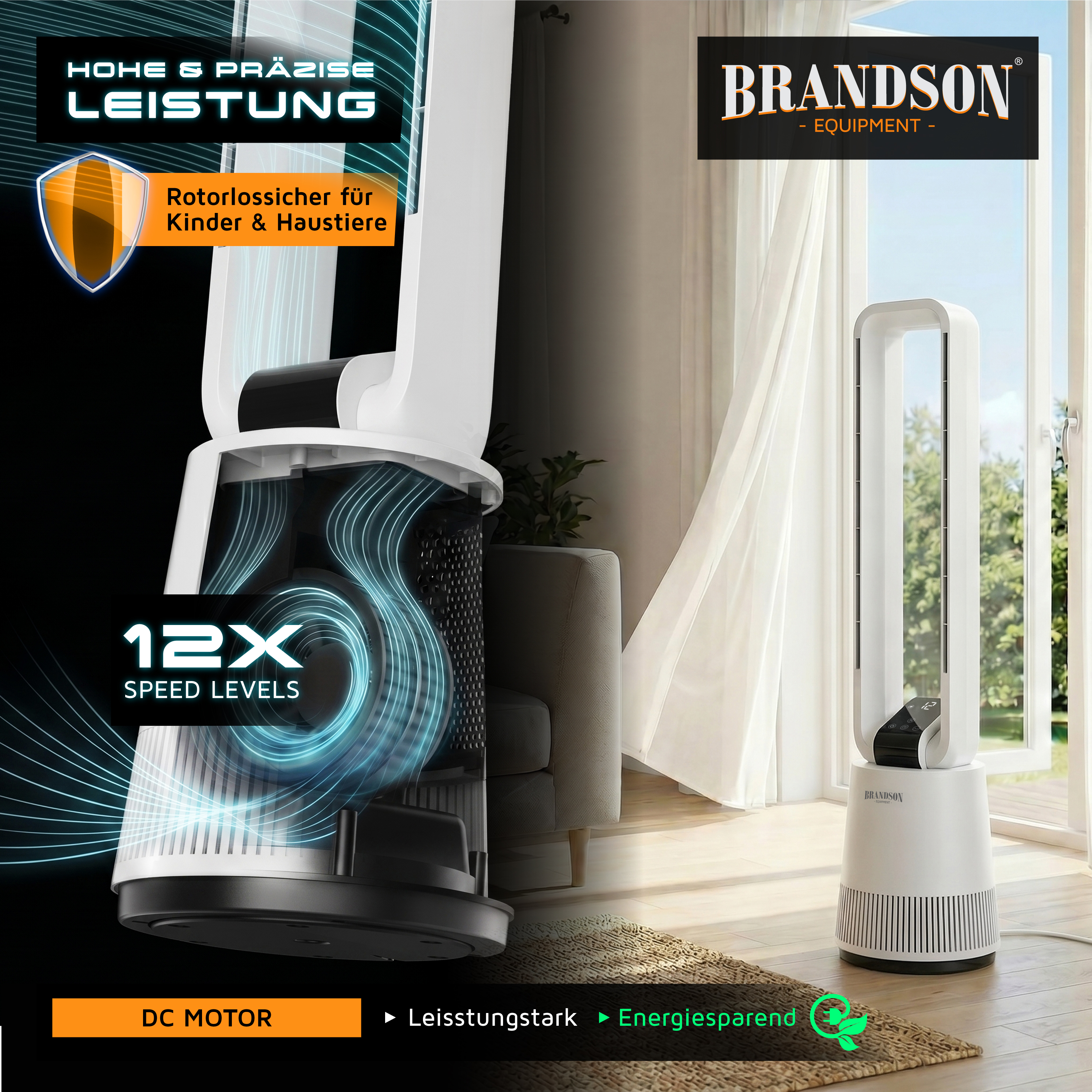 Brandson Turmventilator in Weiß mit transparentem Gehäuse, 12 Geschwindigkeitsstufen und modernem Design, auf einem Holzboden in einem Wohnraum.
