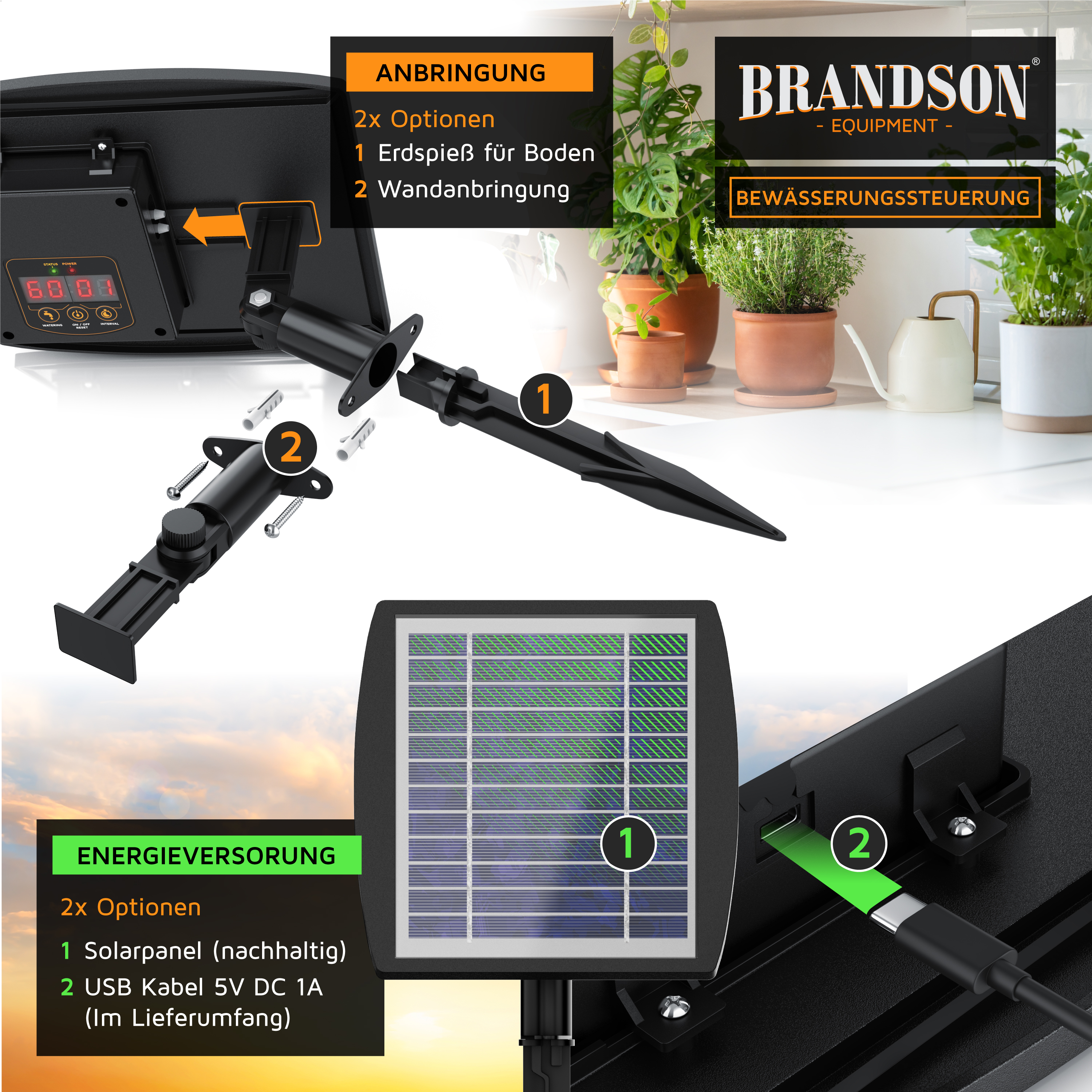 Brandson Bewässerungssteuerung mit Solar- und USB-Stromversorgung, montierbar an Wand oder Boden, mit digitalem Display und Zubehör.