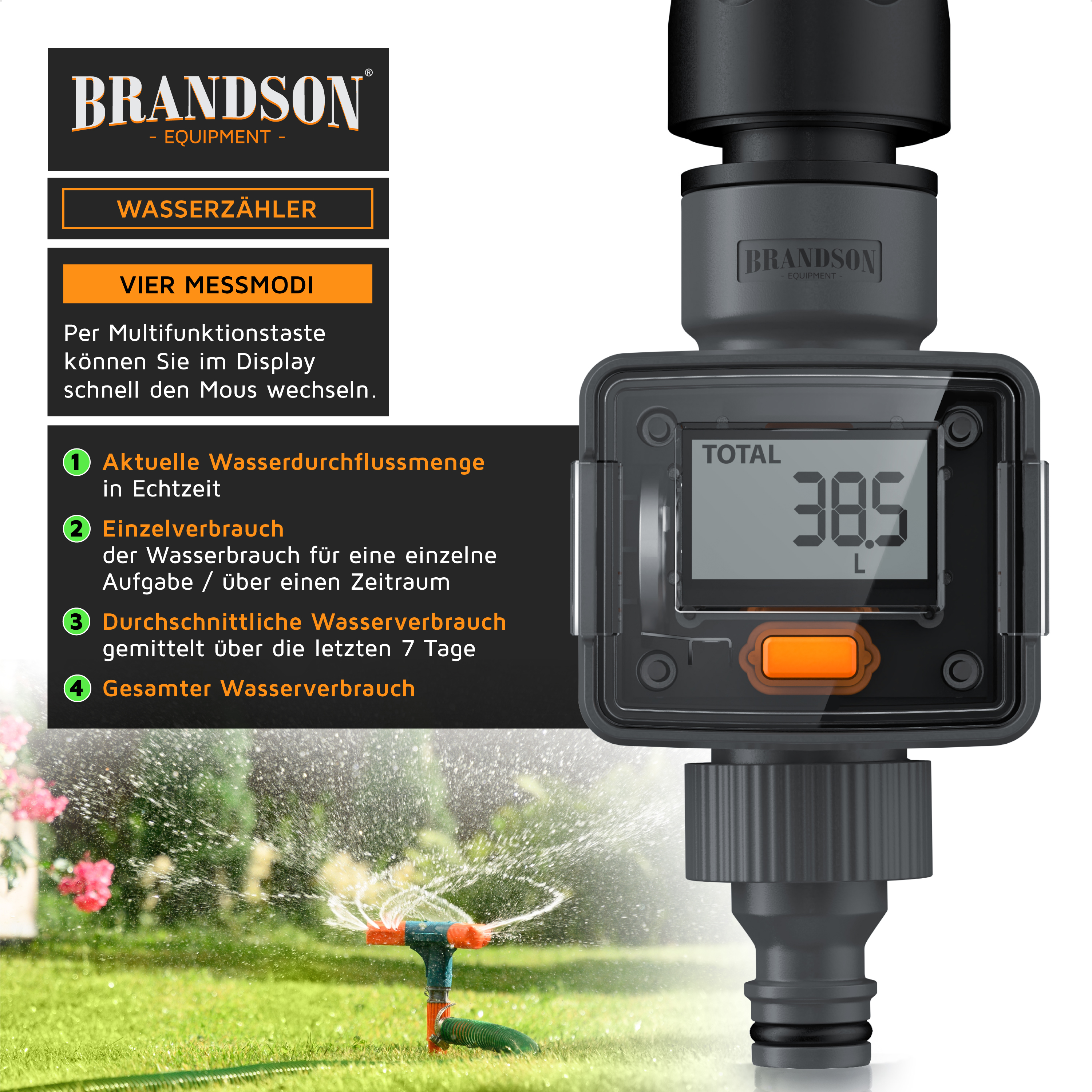 Brandson Wasserzähler mit digitalem Display, Multifunktionstaste und Anzeige für Wasserverbrauch in Echtzeit, geeignet für Gartenbewässerung.
