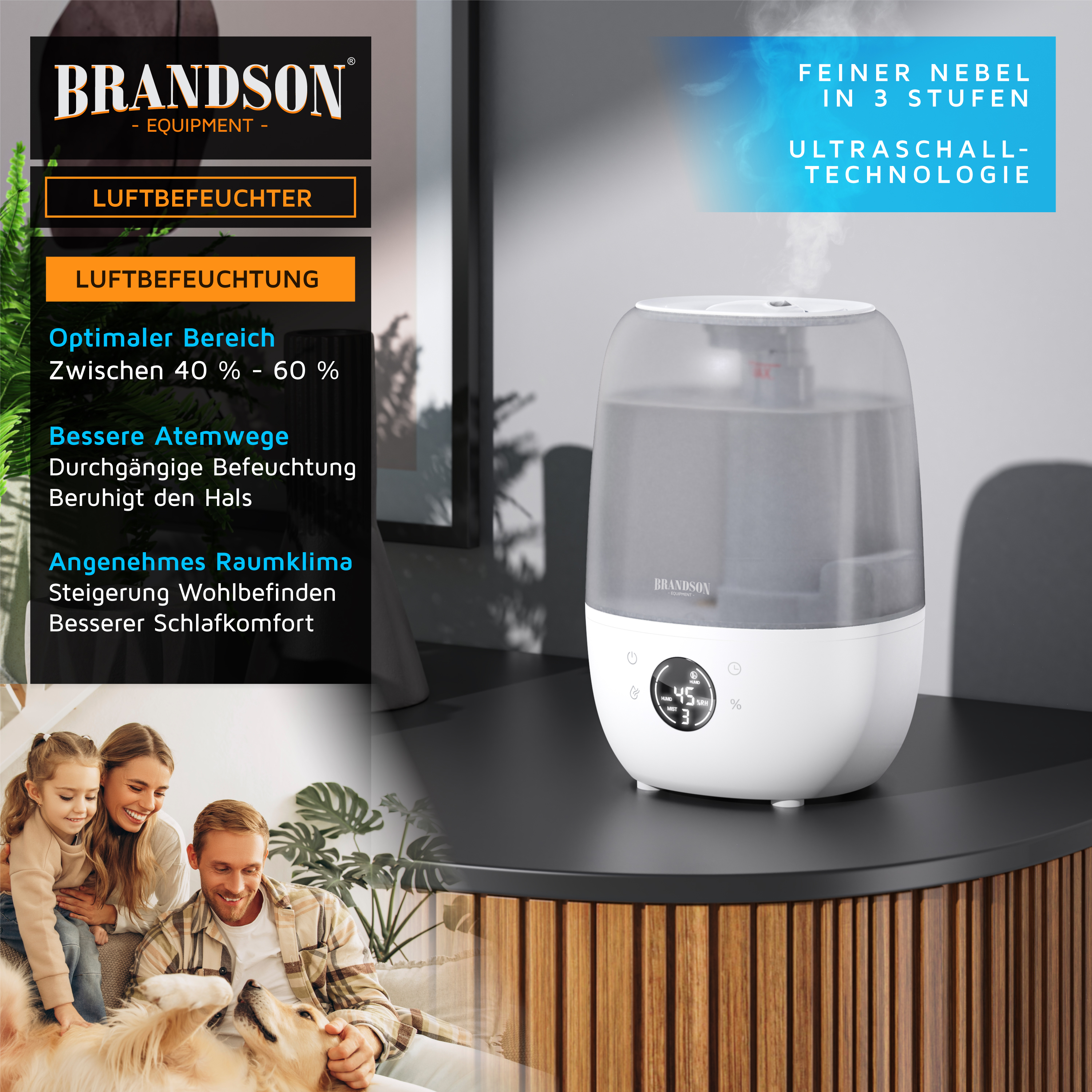 Brandson Luftbefeuchter mit transparentem Wassertank, Bedienfeld und Hygrometer, ideal für ein angenehmes Raumklima.
