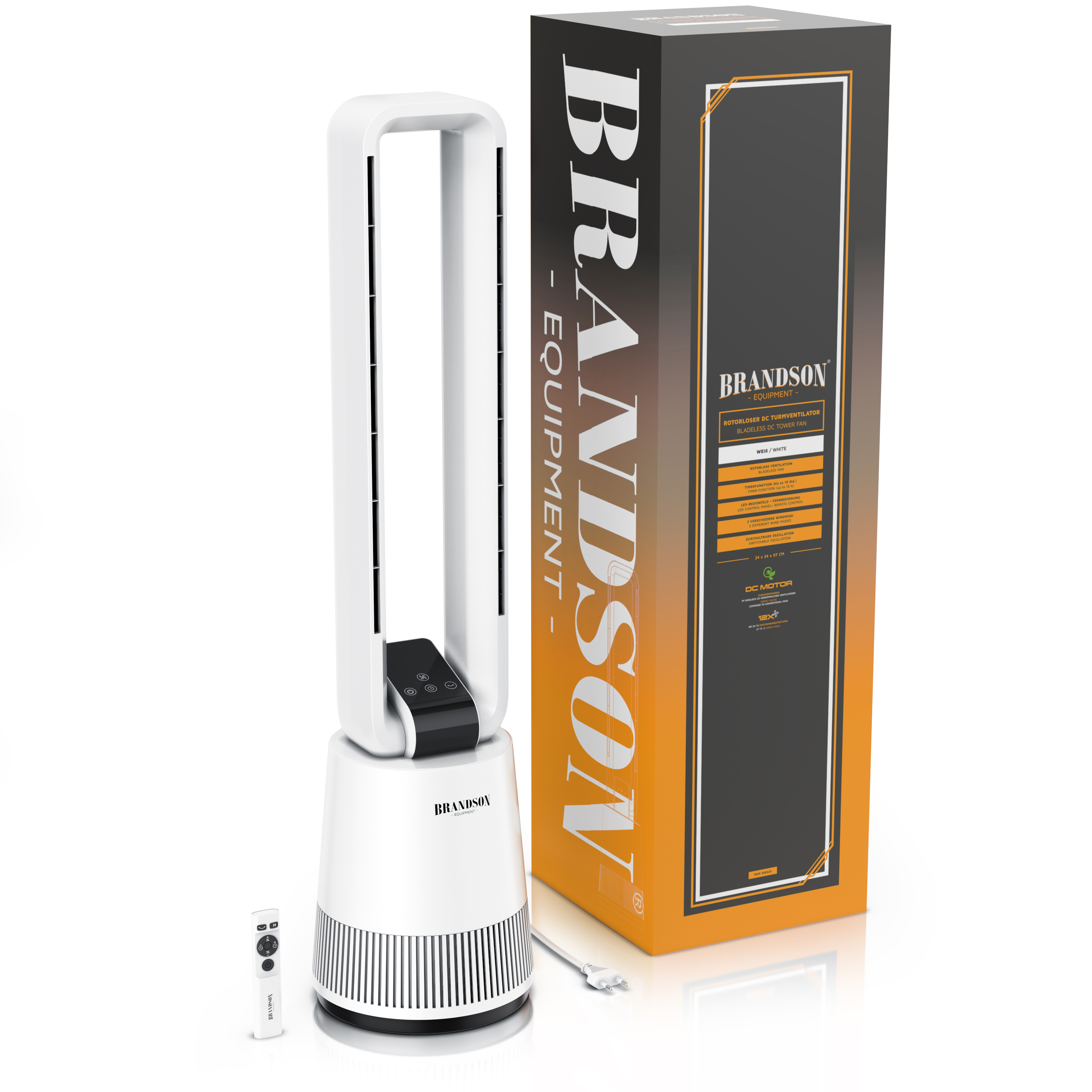 Brandson Turmventilator in Weiß mit elegantem Design, Fernbedienung und nebenstehender Verpackung.