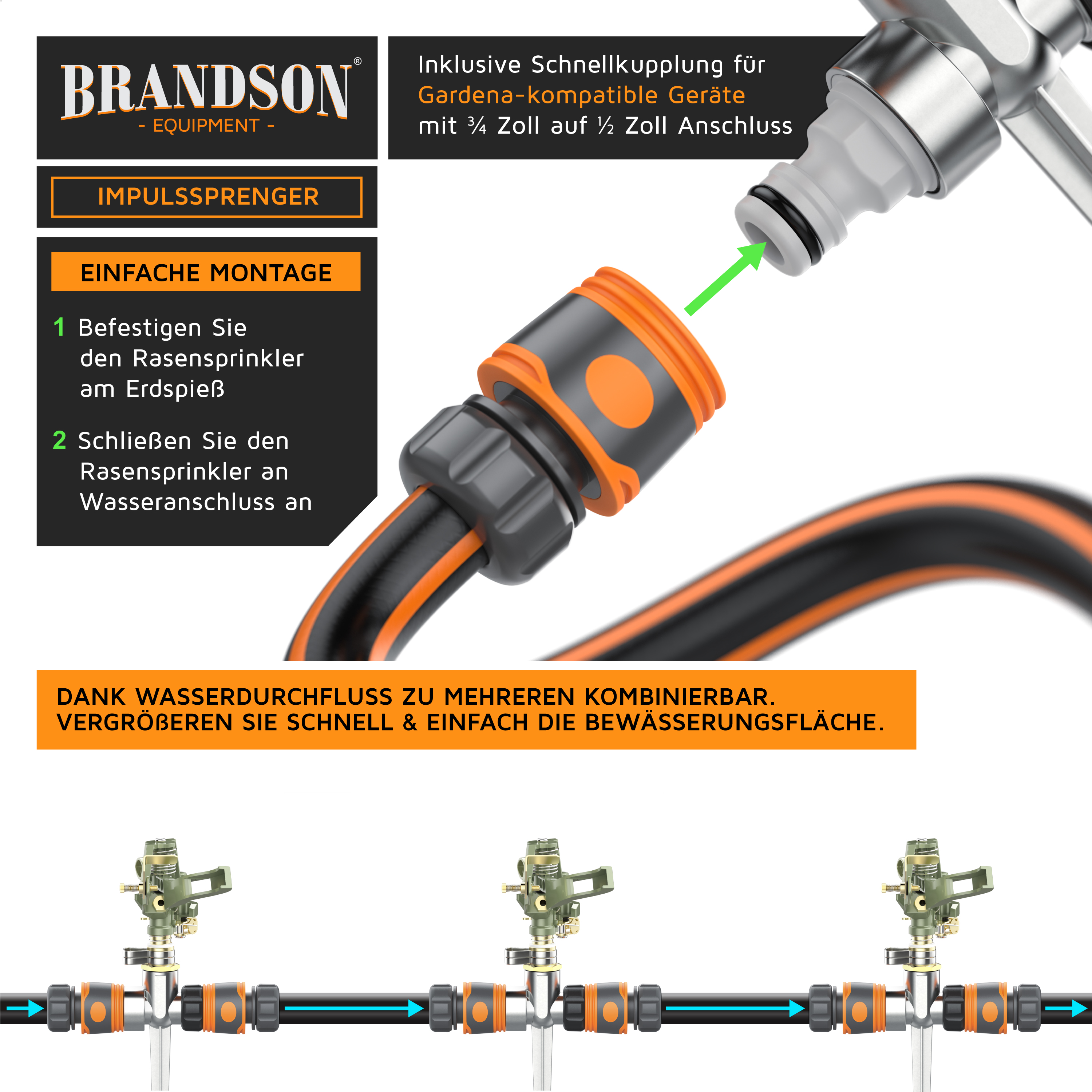 Brandson Impuls-Sprinkler mit Schnellkupplung für Gardena-kompatible Geräte, mit schwarz-orangefarbenem Design für eine einfache Installation.