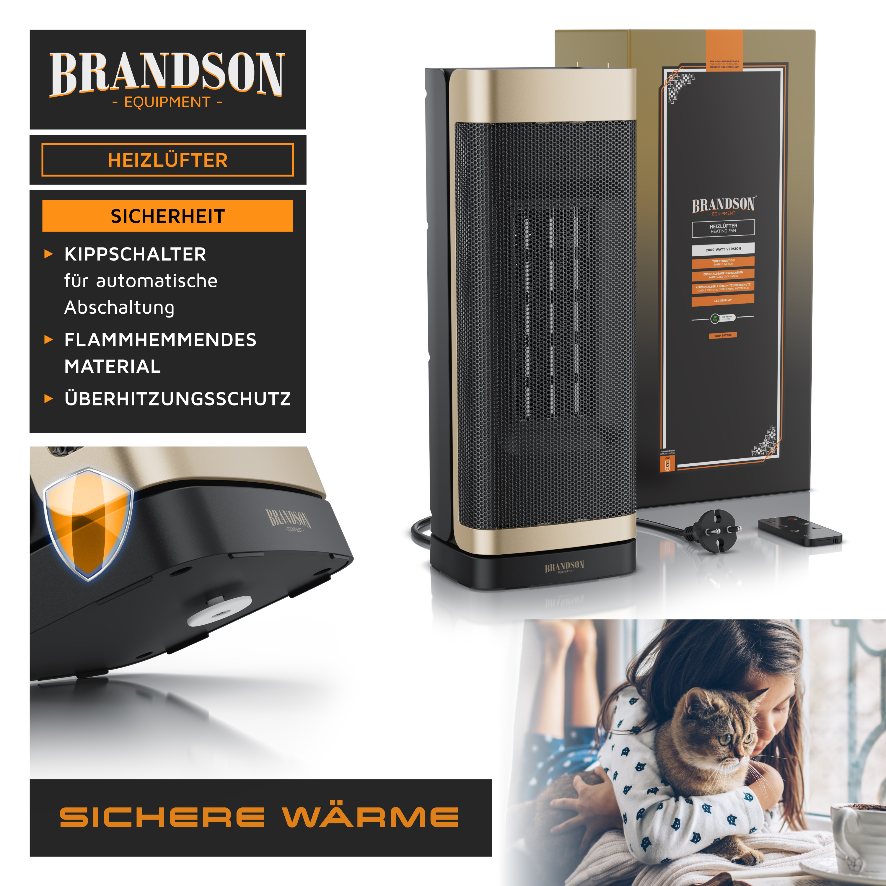Brandson Heizlüfter in Schwarz und Gold mit Sicherheitsfunktionen, Fernbedienung und Verpackung, ideal für den Einsatz zu Hause.