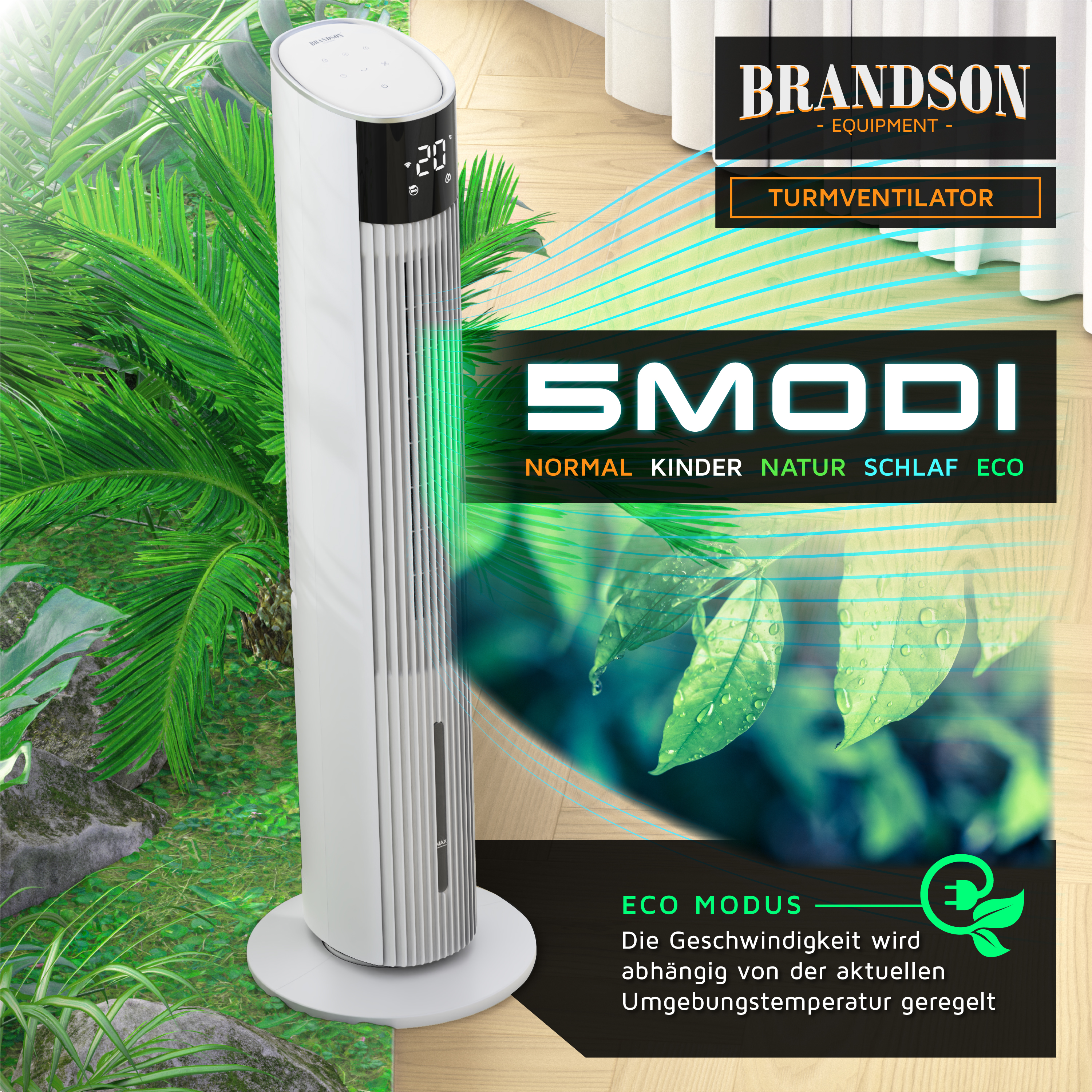 Brandson Turmventilator in Weiß mit digitalem Display, 5 Modi, schlanker Bauform und stabiler Standbasis, ideal für Wohnräume.