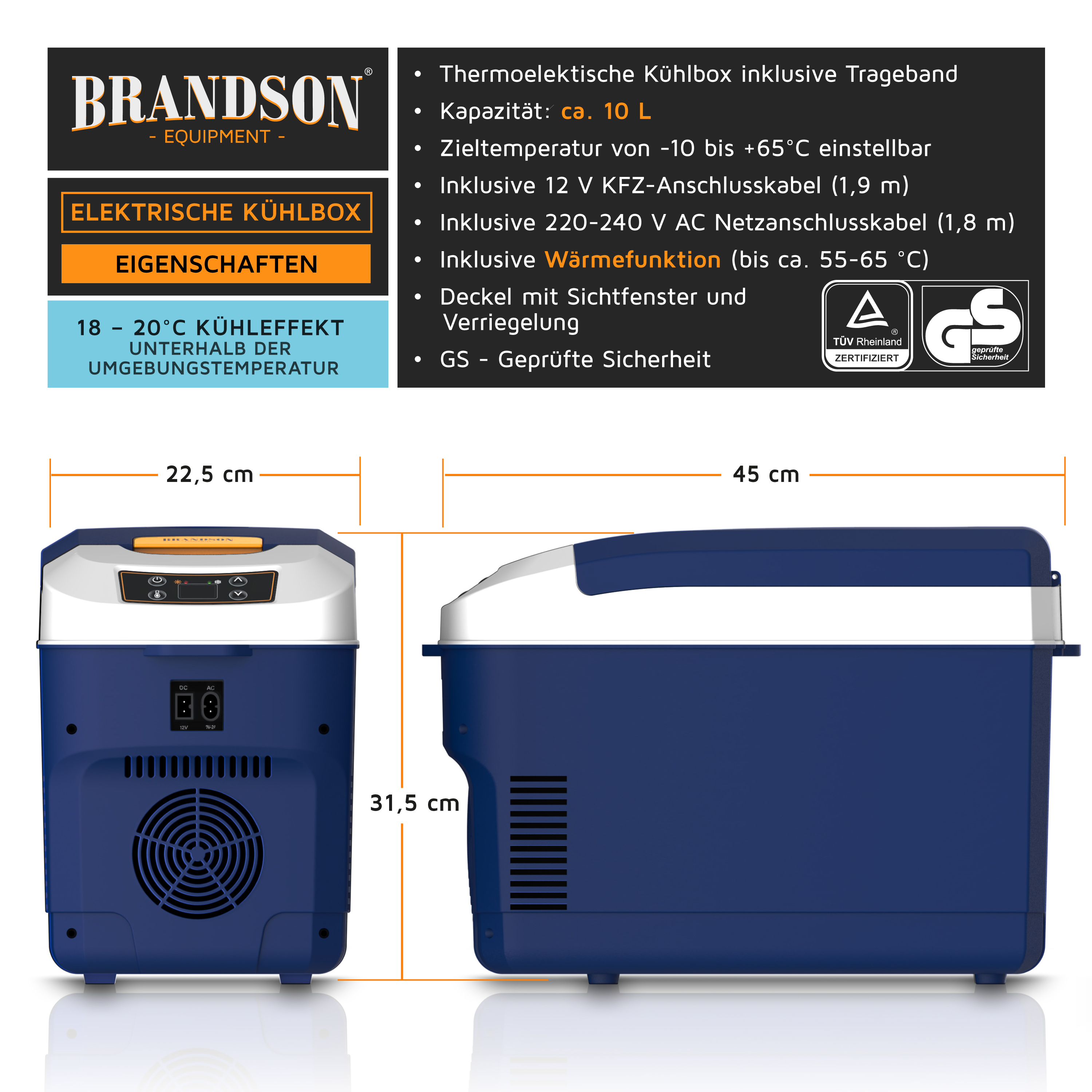 Brandson elektrische Kühlbox in Blau mit Tragband, Sichtfenster und Bedienfeld, geeignet für Temperaturen von -10 bis +65 °C.