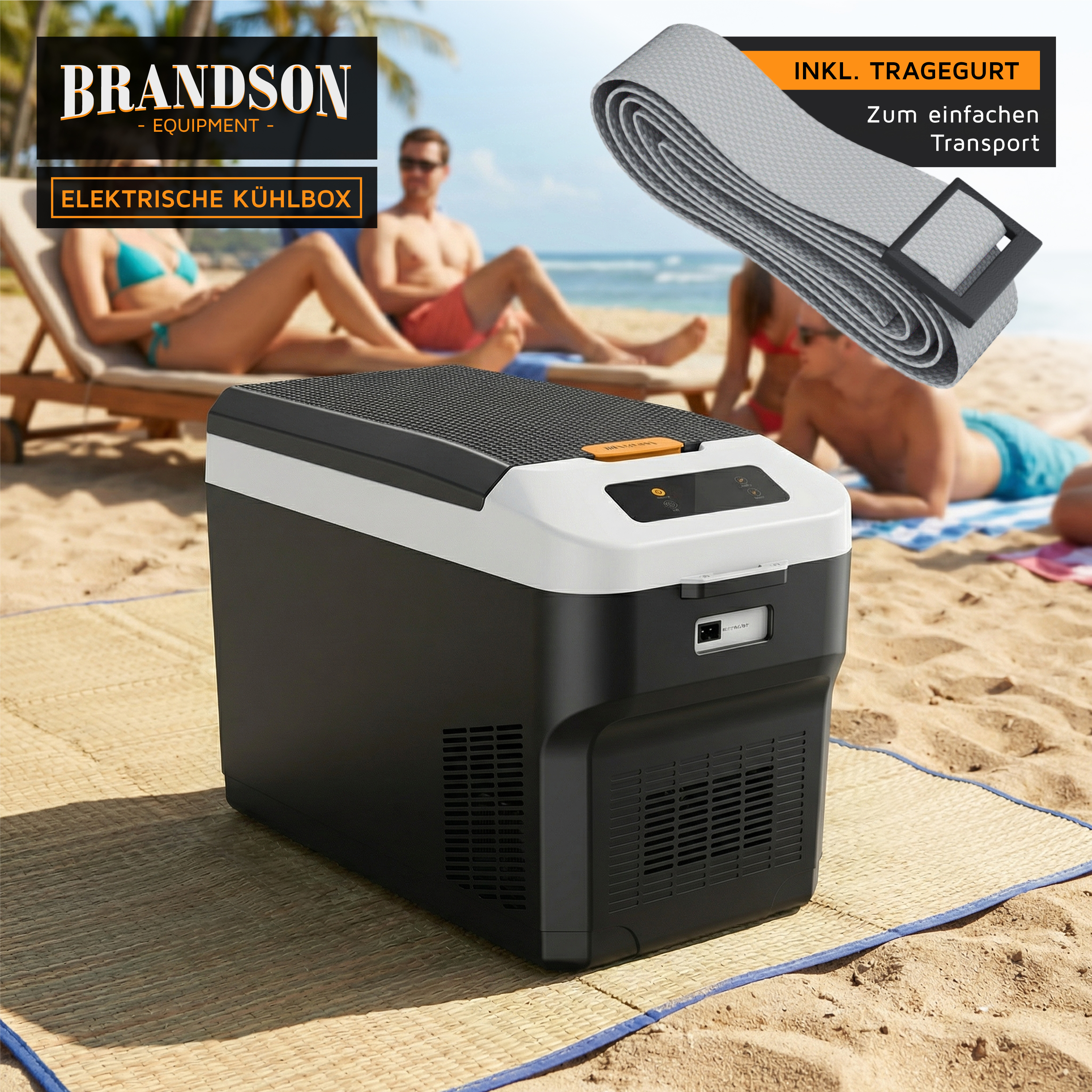 Brandson elektrische Kühlbox mit Tragegurt, schwarzem Gehäuse und weißem Deckel, ideal für den Einsatz am Strand.