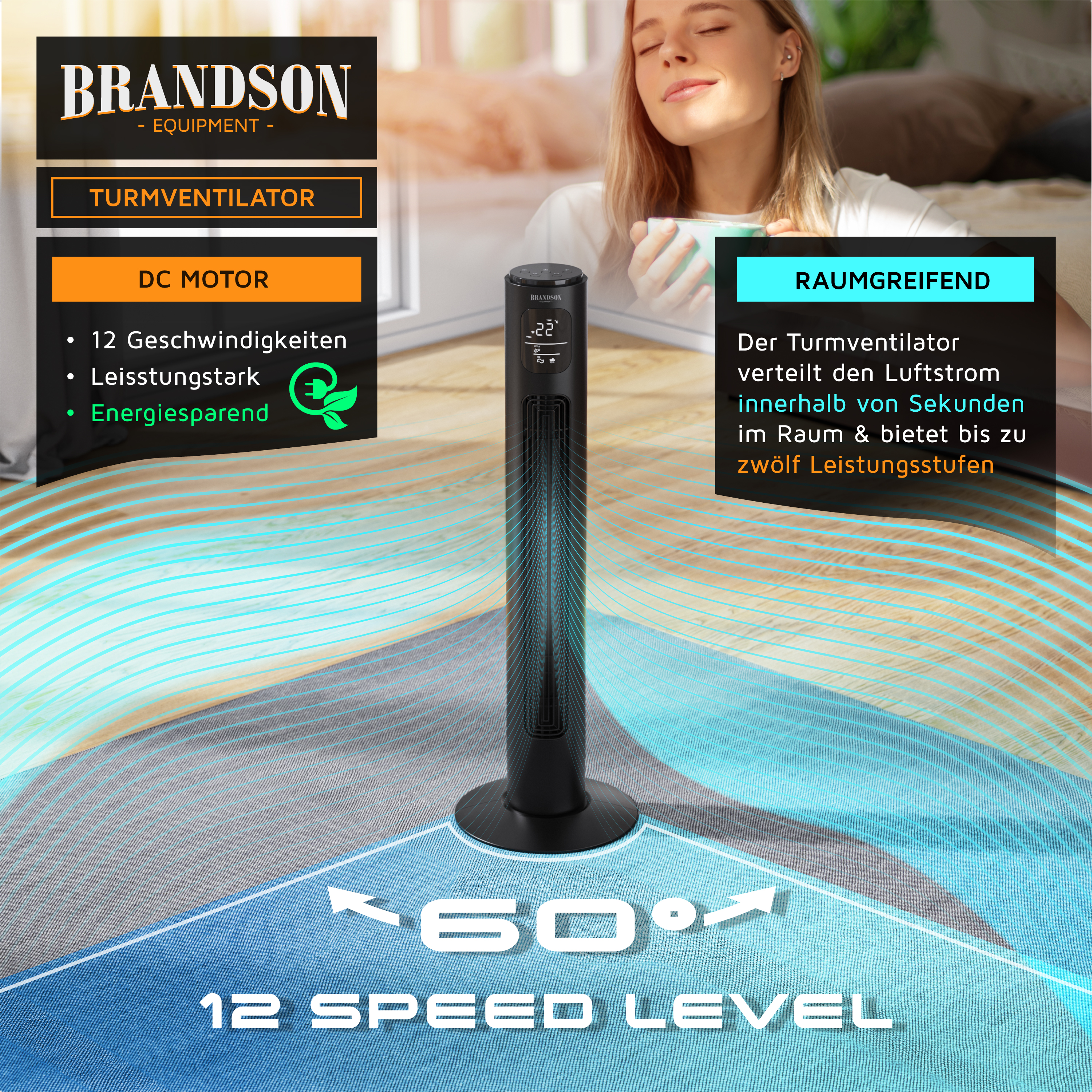 Brandson Turmventilator in Schwarz mit DC-Motor, 12 Geschwindigkeitsstufen und digitalem Display, ideal für die Raumluftverteilung.