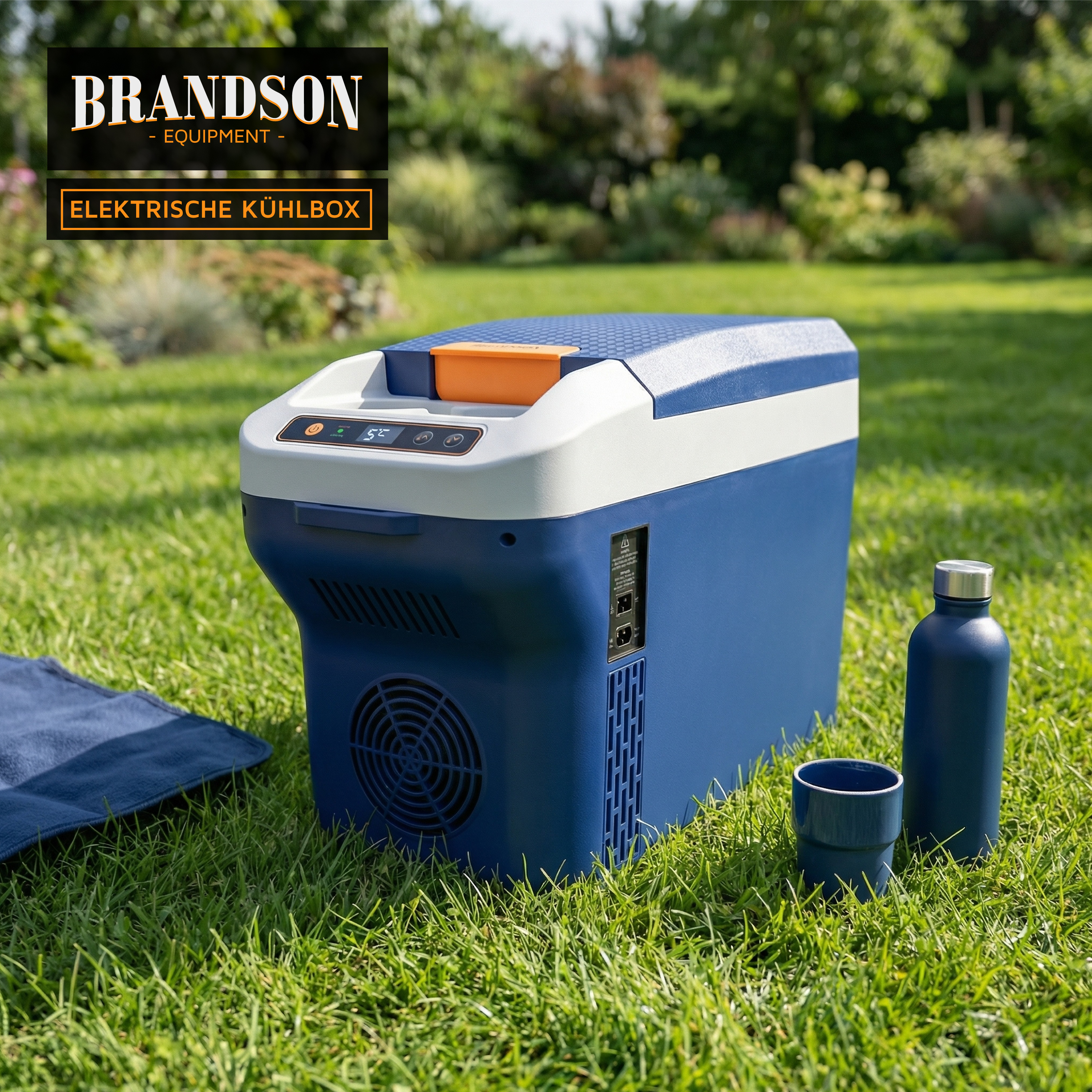 Brandson elektrische Kühlbox in Blau mit orangefarbenem Griff und Bedienfeld, auf einer Wiese mit Zubehör wie Trinkflasche und Becher.