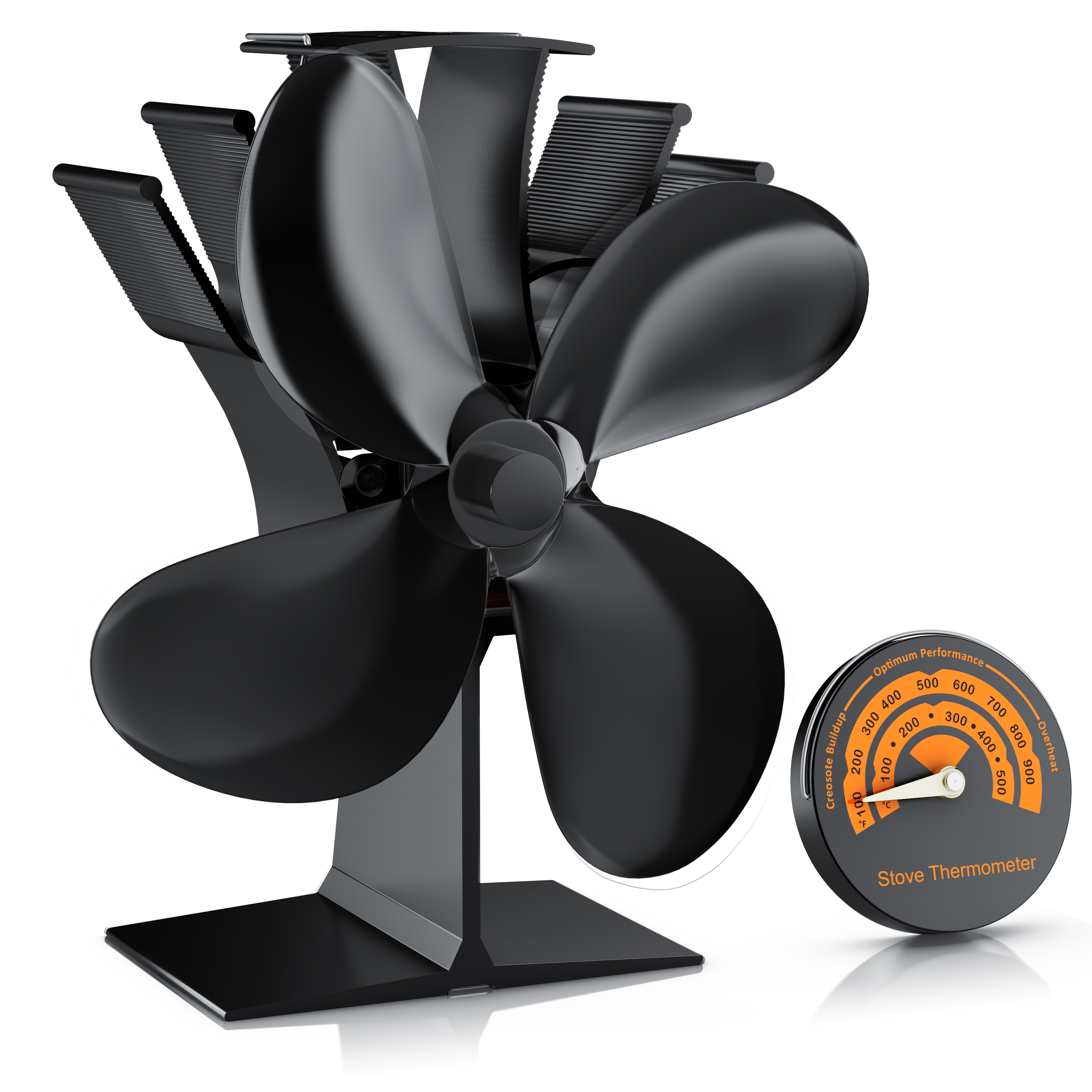 Brandson-Ofenventilator in Schwarz mit vier Flügeln und stabilem Sockel, begleitet von einem Ofenthermometer, das die Temperaturwerte anzeigt.