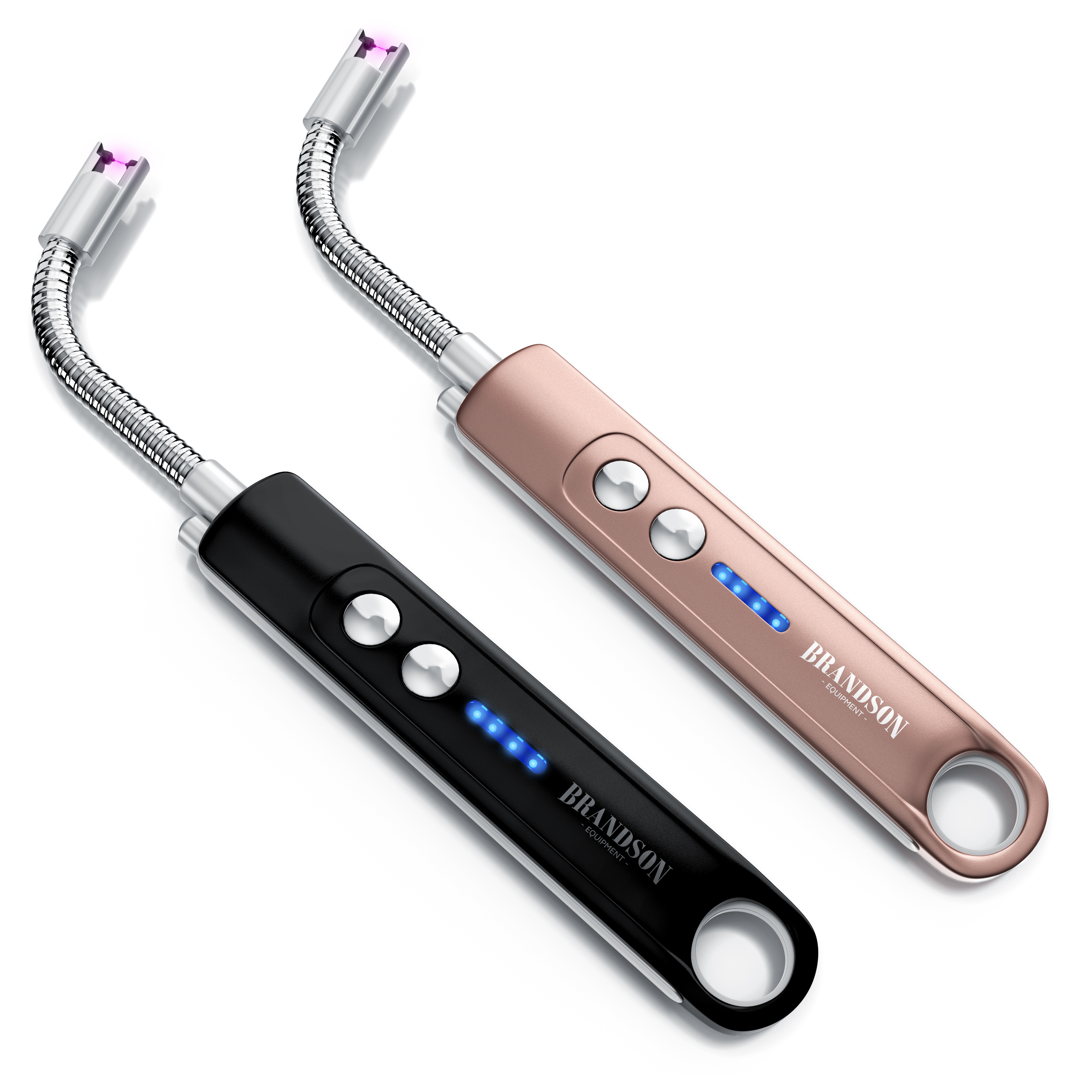 Brandson elektrisches Feuerzeug mit flexibler Spitze in Schwarz und Roségold, ausgestattet mit LED-Anzeige und zwei Bedientasten.