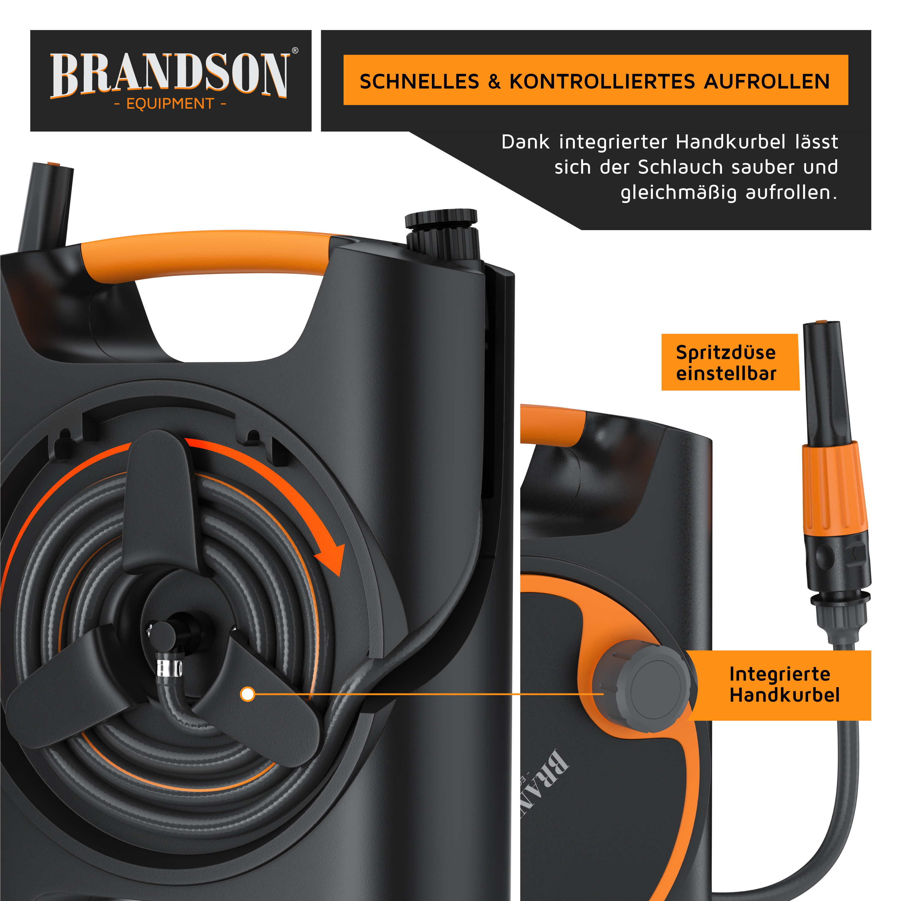 Brandson Schlauchaufroller mit integriertem Handkurbel und einstellbarer Spritzdüse in Schwarz und Orange für sauberes Aufrollen.