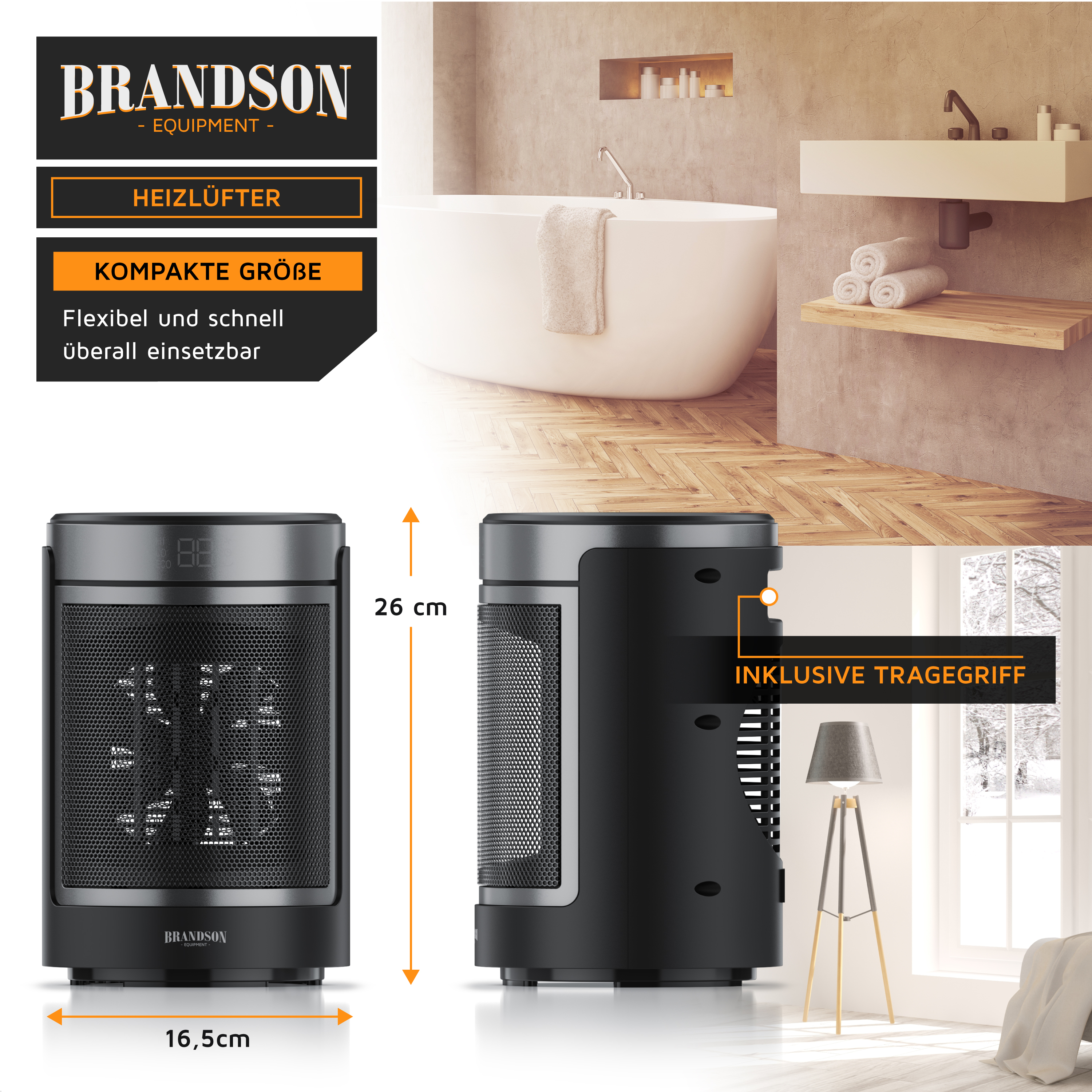 Brandson Heizlüfter in kompakter Größe mit digitalem Display und Traggriff, ideal für den flexiblen Einsatz im Wohnraum.