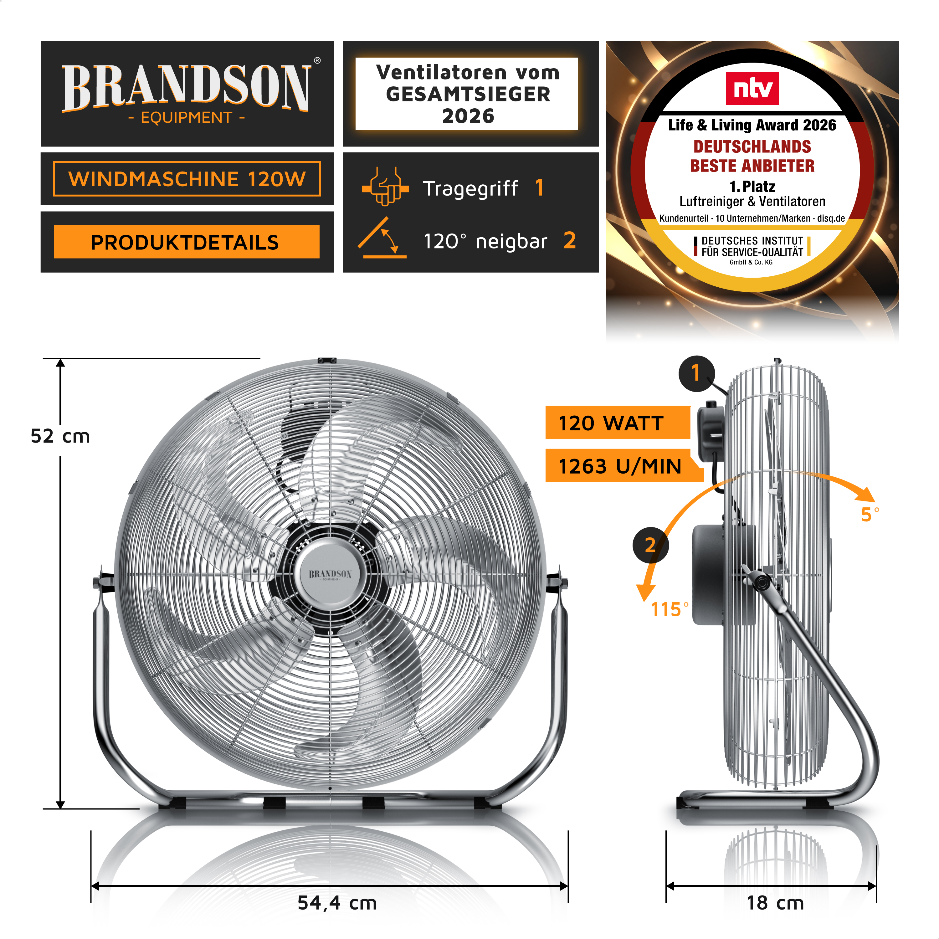 Brandson Windmaschine mit stabiler Bauform, silbernem Metallgehäuse, Tragegriff und neigbarem Kopf für gezielte Luftzirkulation.