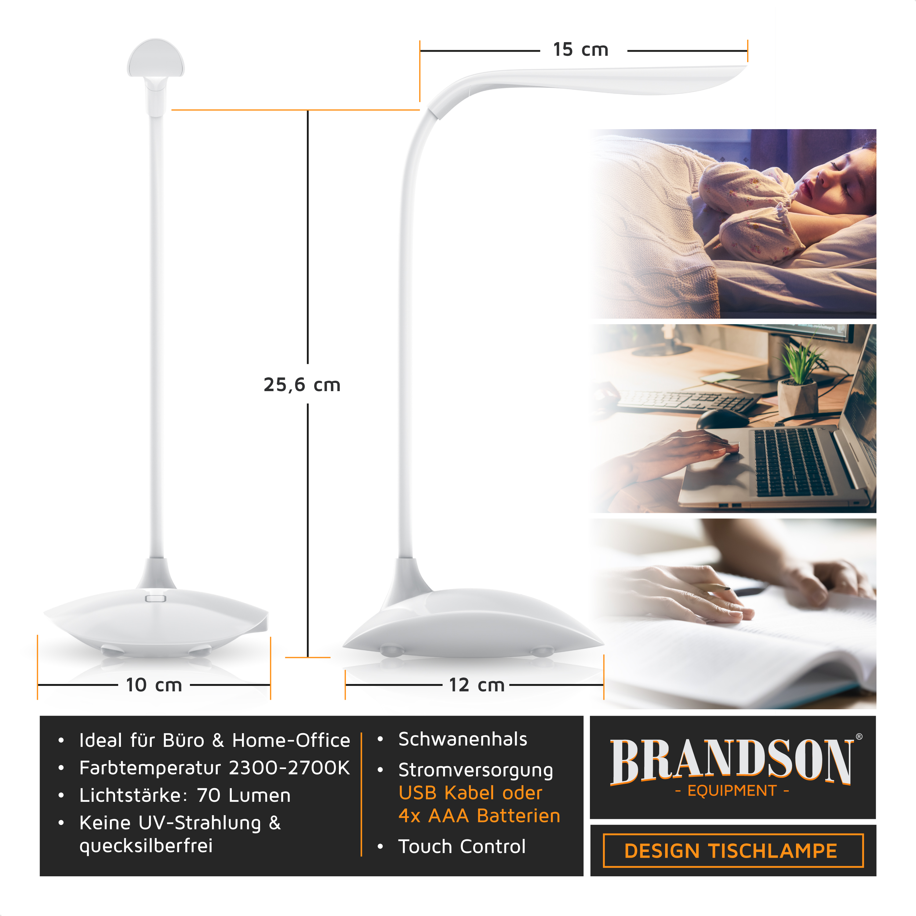 Brandson Tischlampe mit flexiblem Schwanenhals, weißem Gehäuse und Touch-Control-Funktion, ideal für Büro und Home-Office.