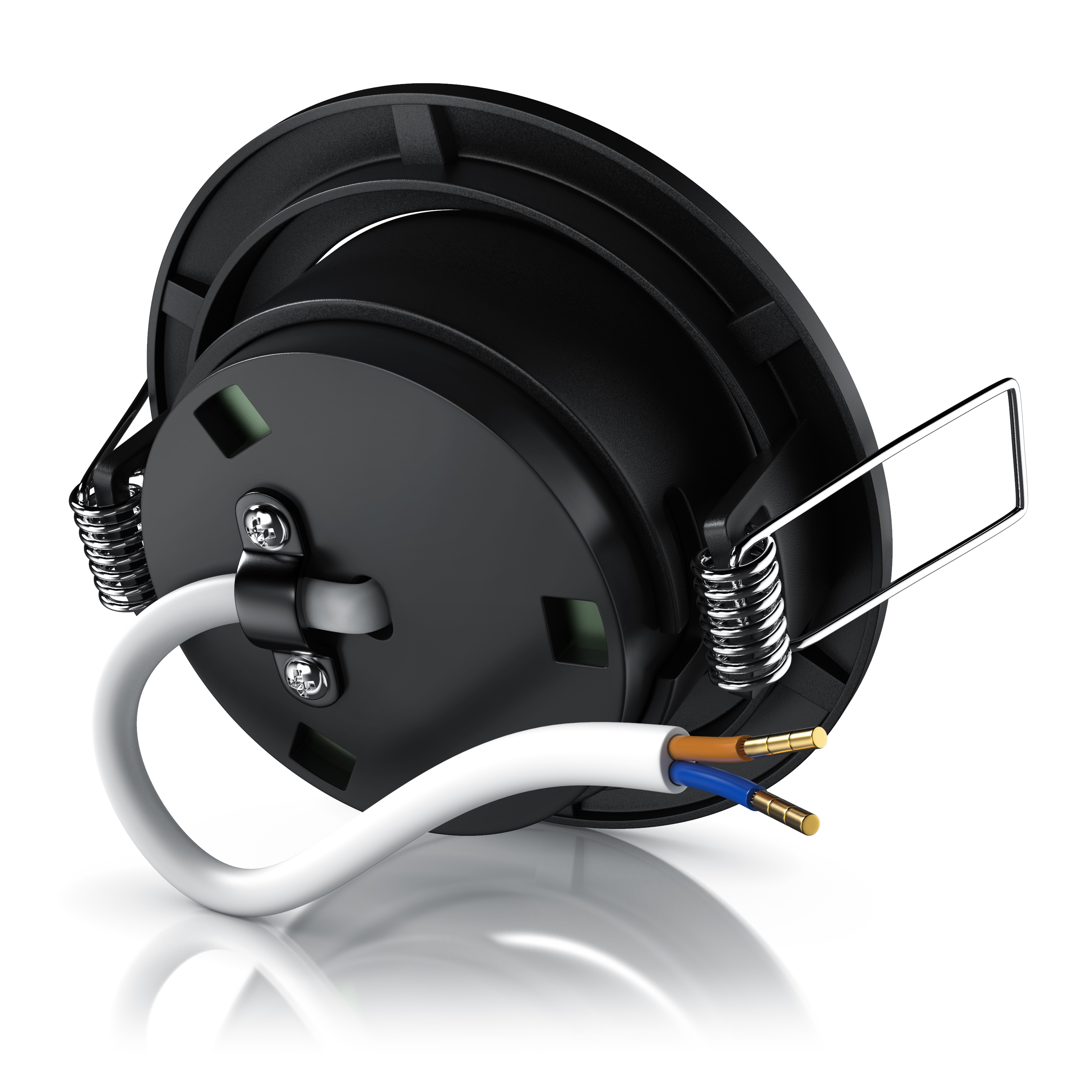 Brandson-Produkt mit schwarzem, kreisförmigem Design mit sichtbarer Verkabelung und einem Federmechanismus für eine sichere Befestigung.