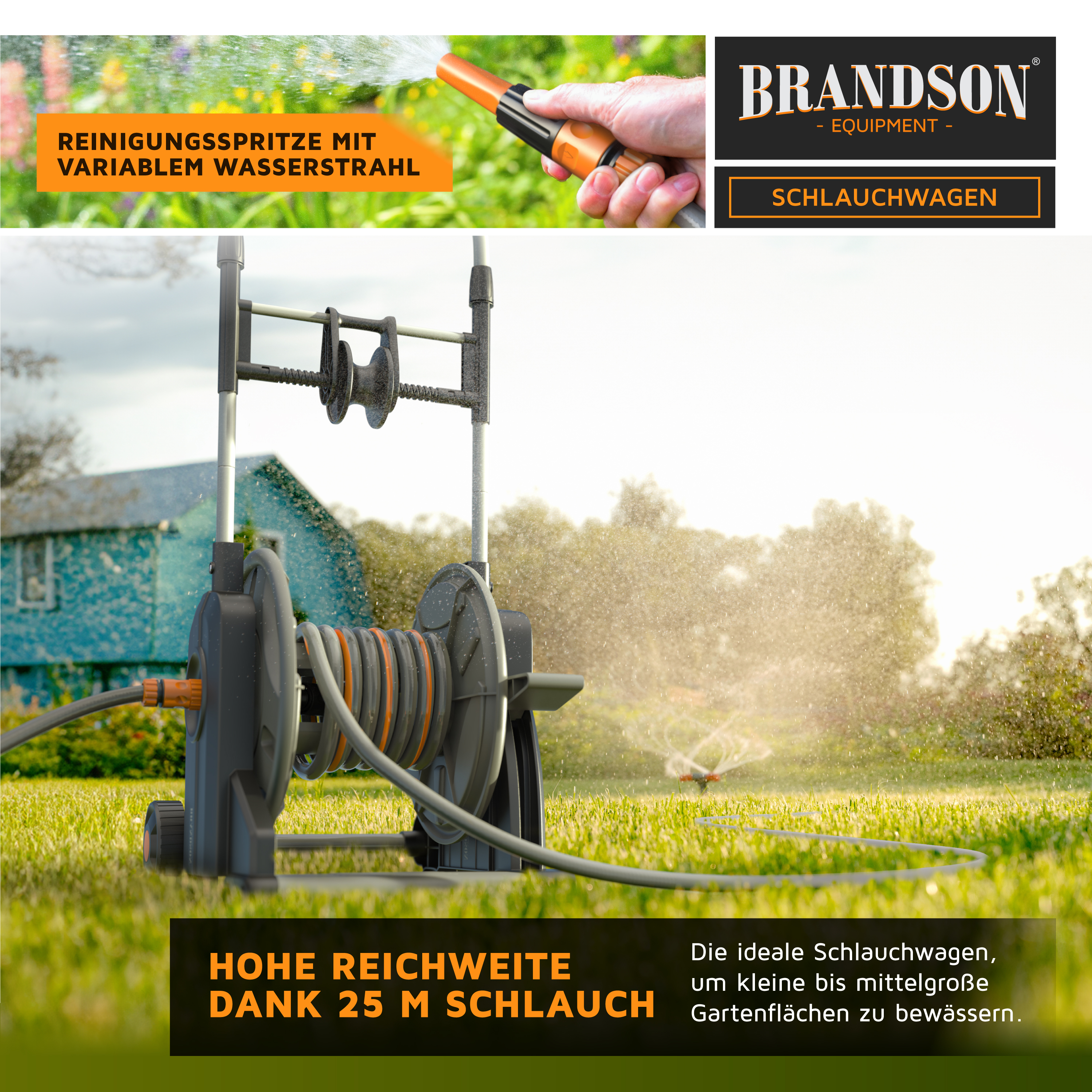 Brandson Schlauchwagen mit 25 m Schlauch, robustes Design, praktische Aufbewahrung, ideal für die Bewässerung von Gartenflächen.