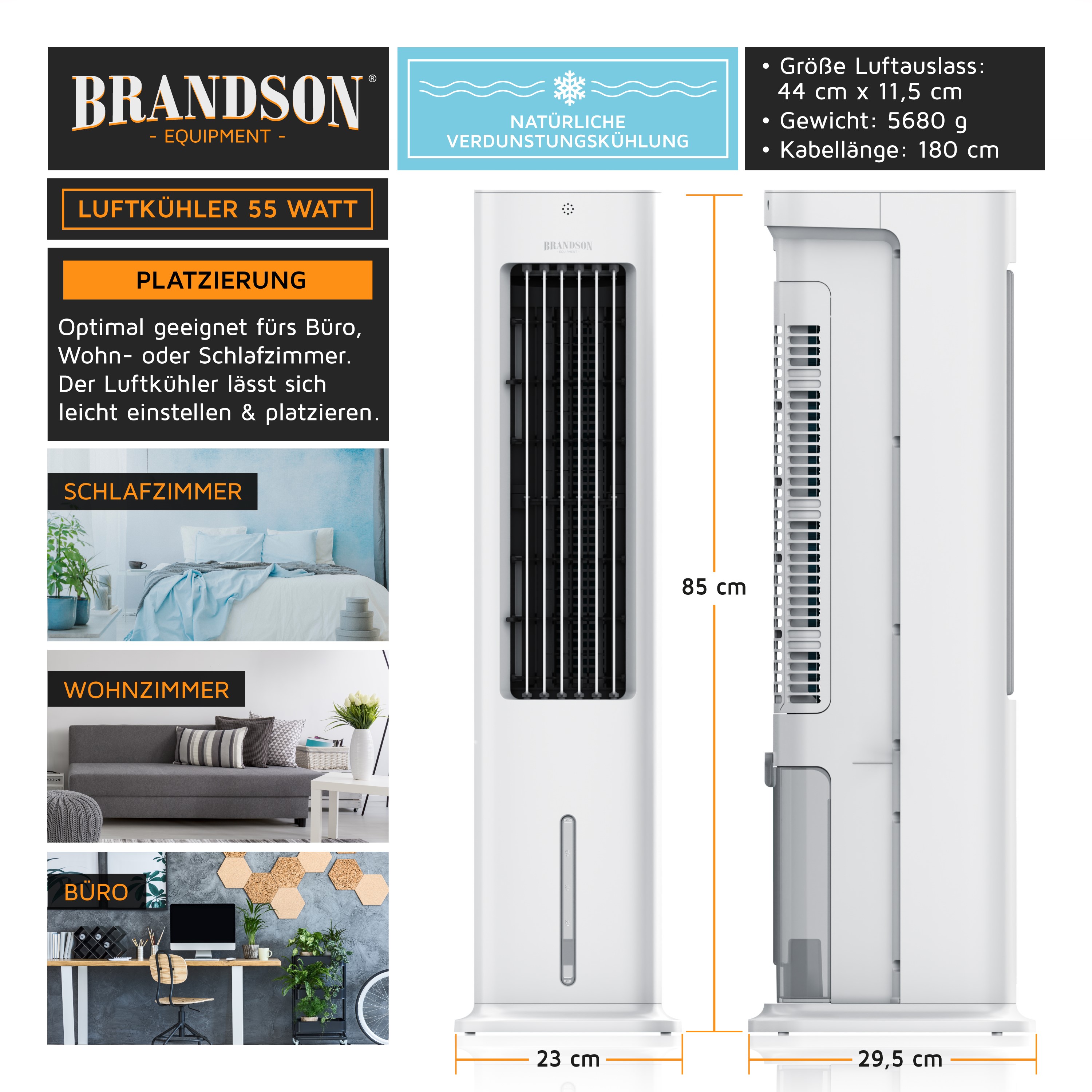 Brandson-Luftkühler mit schlankem Turmdesign, weißer Farbe, einstellbaren Einstellungen und einem seitlichen Wassertank für Verdunstungskühlung.