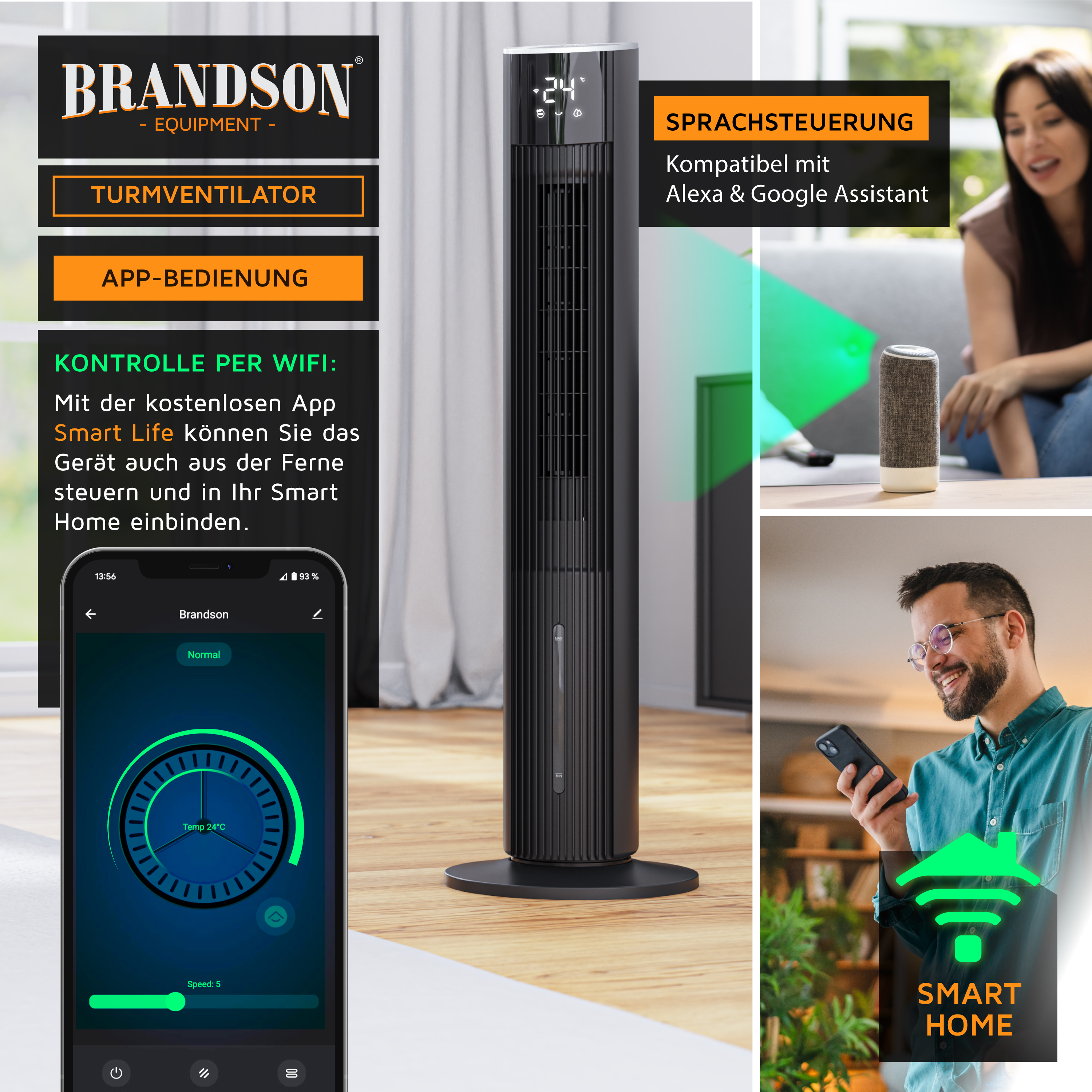 Brandson Turmventilator in schwarzer Farbe mit digitalem Display und App-Bedienung, ideal für moderne Wohnräume.