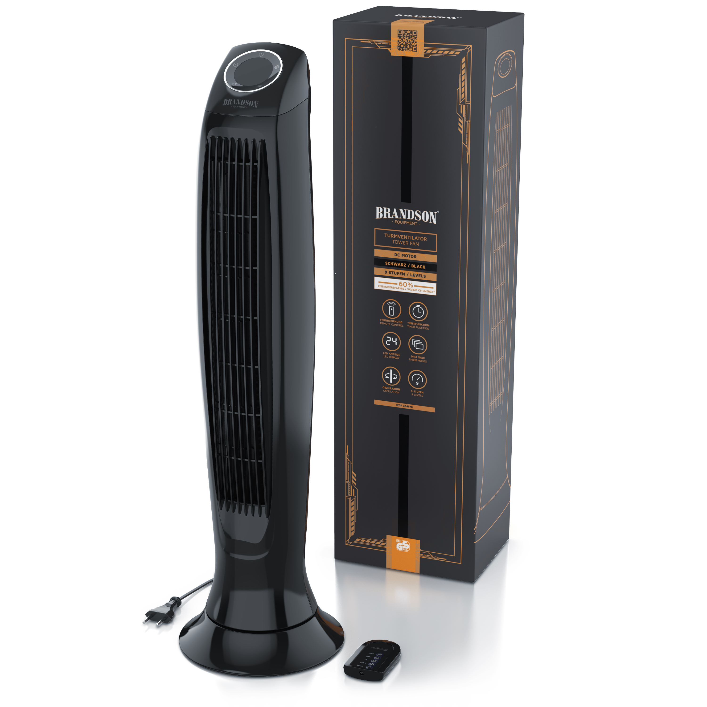 Brandson Turmventilator in Schwarz mit elegantem Design, Fernbedienung und Verpackung daneben.