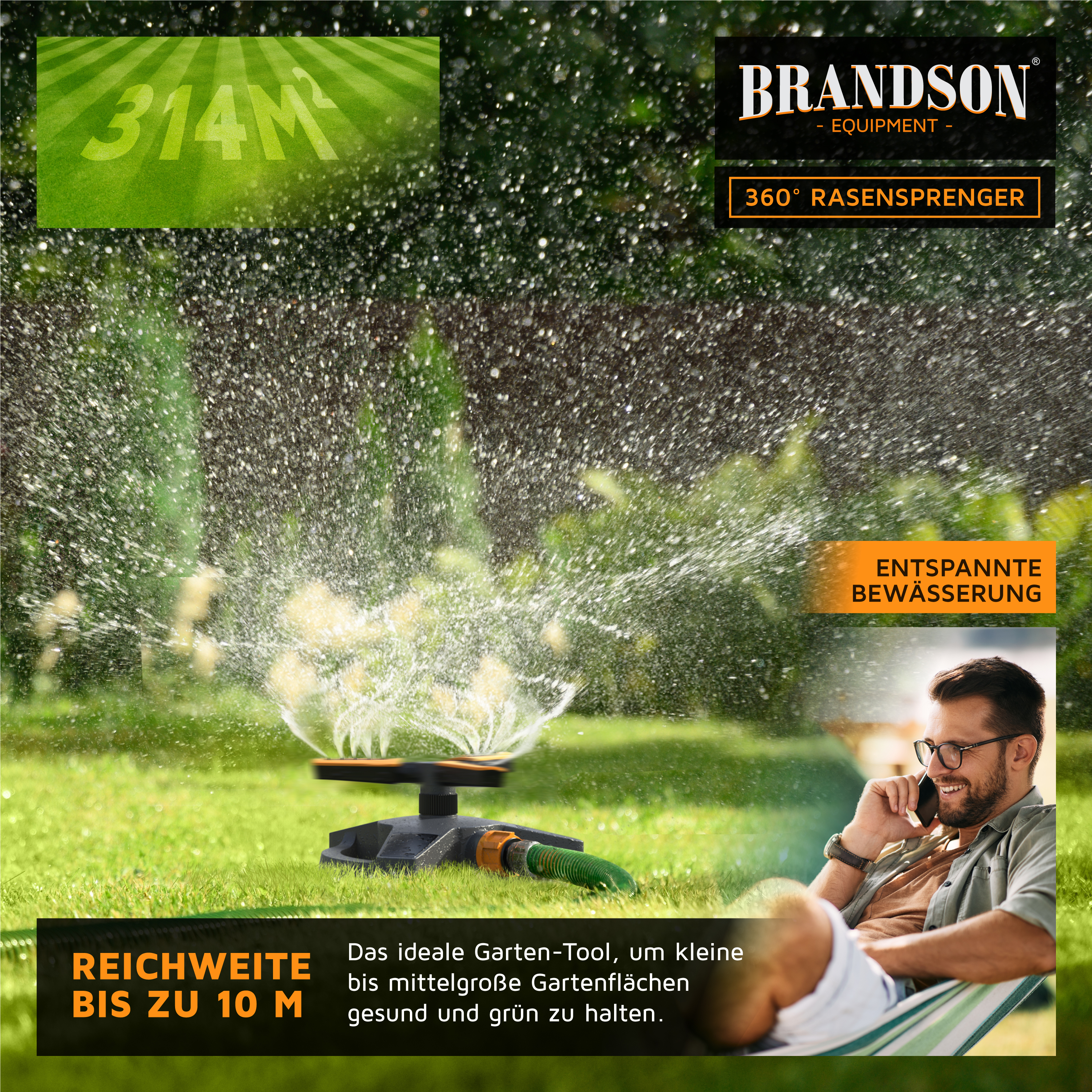 Brandson 360° Rasensprenger mit einem stabilen Standfuß, der eine Reichweite von bis zu 10 Metern bietet, ideal für die Bewässerung von Gärten.