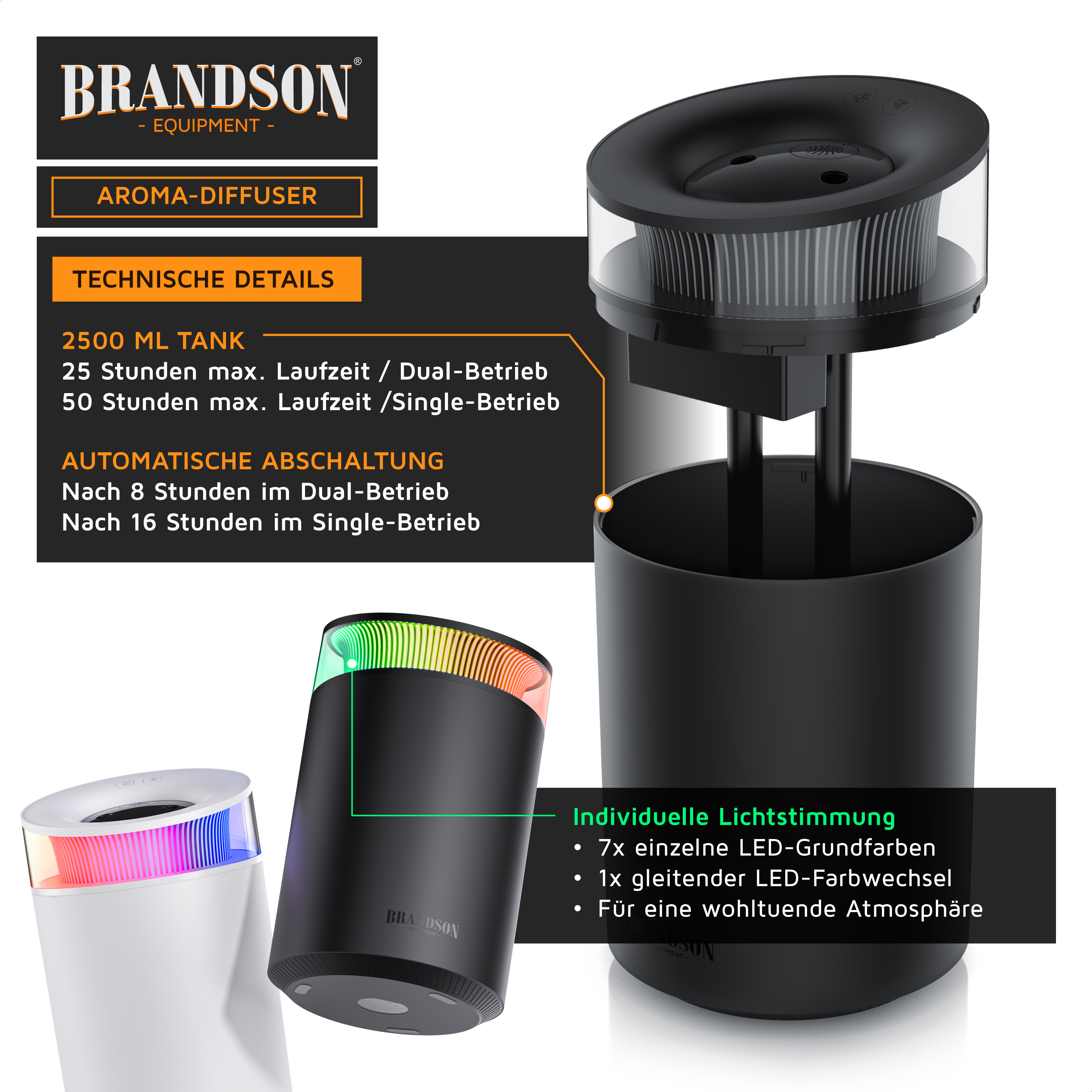 Brandson Aromadiffusor in Schwarz mit 2500-ml-Tank, buntem LED-Lichtring und automatischer Abschaltfunktion.