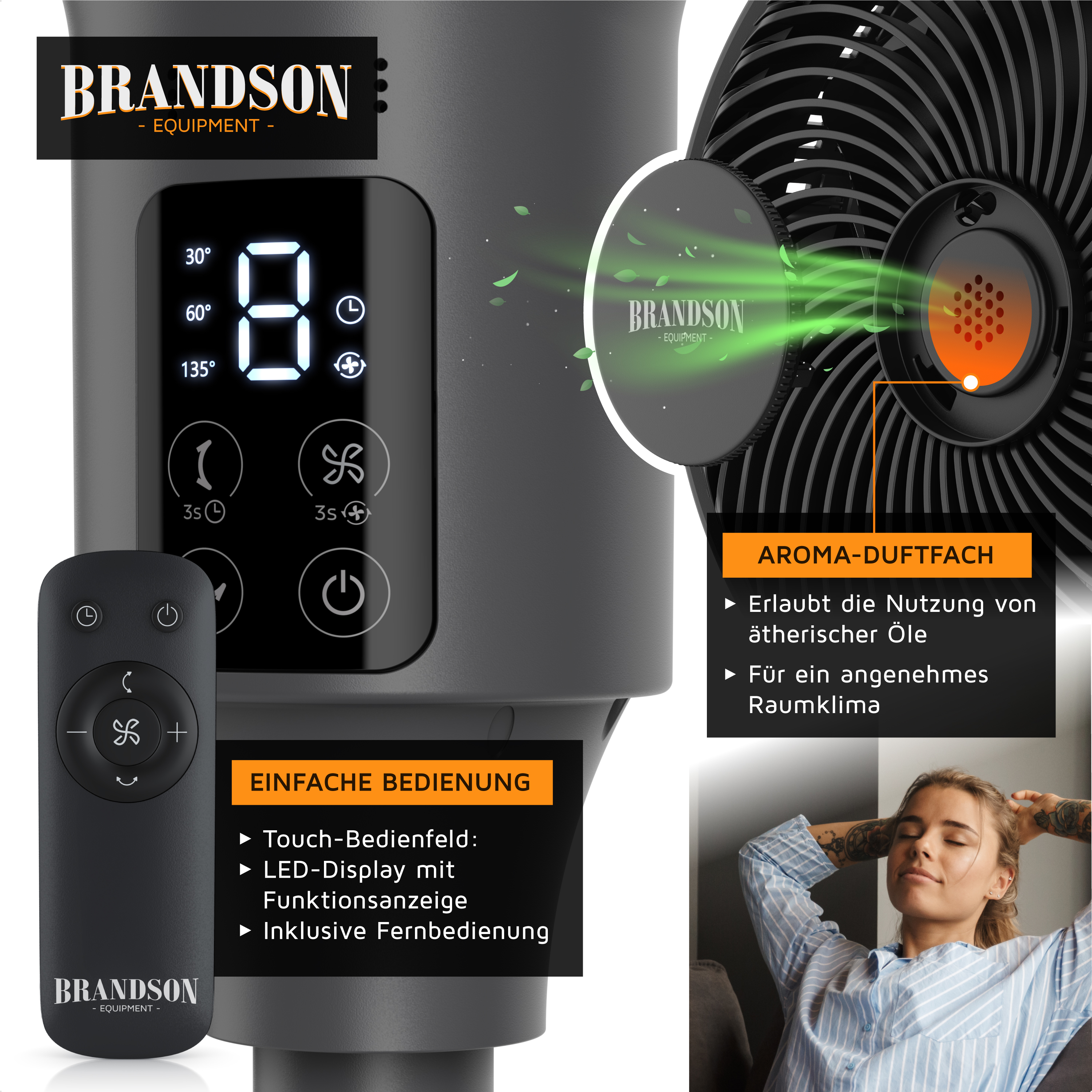Brandson Turmventilator mit Touch-Bedienfeld, LED-Display und Fernbedienung sowie einem Aromafach für ätherische Öle.