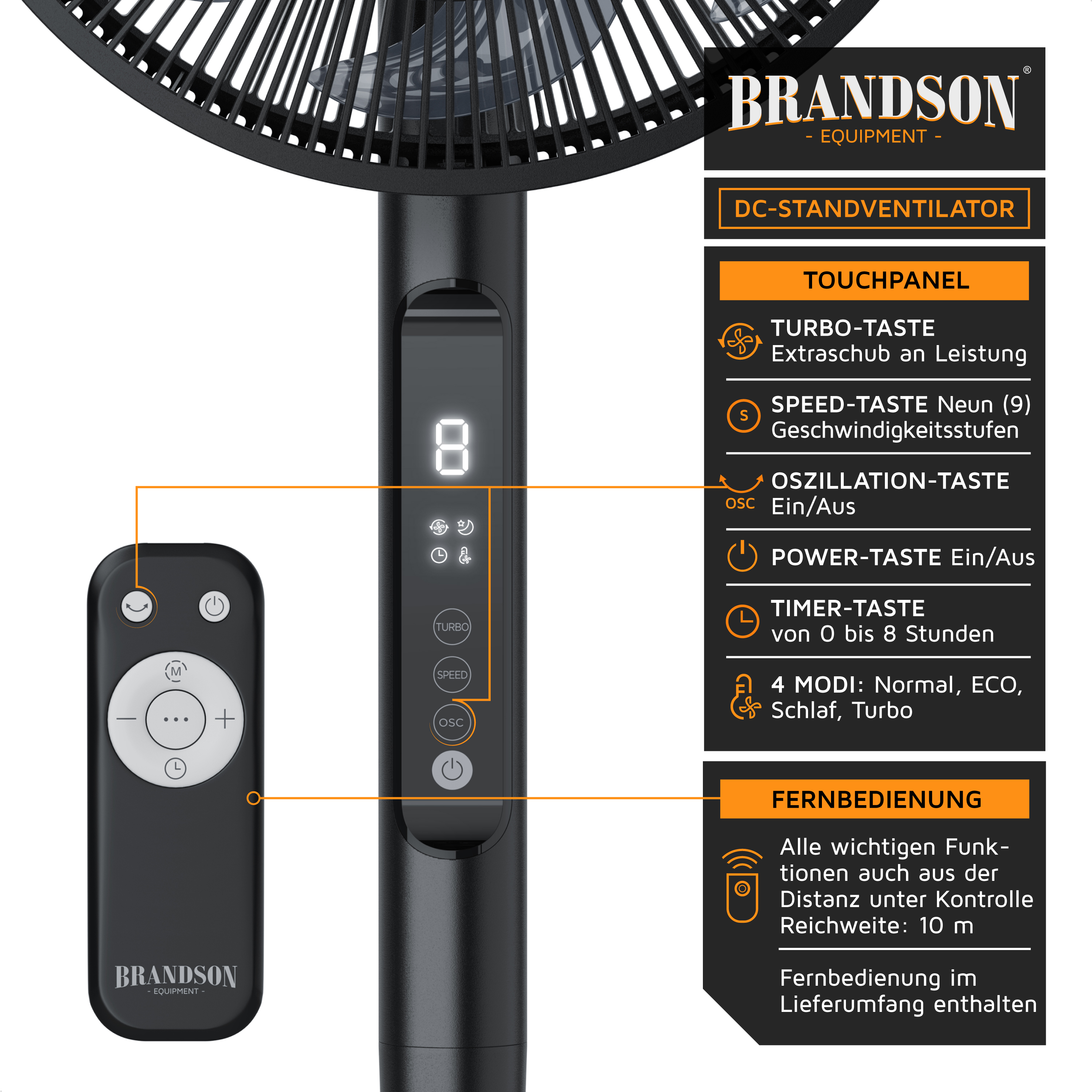 Brandson DC-Standventilator mit Touchpanel, Fernbedienung und LED-Anzeige, elegantem schwarzem Design und mehreren Geschwindigkeitseinstellungen.