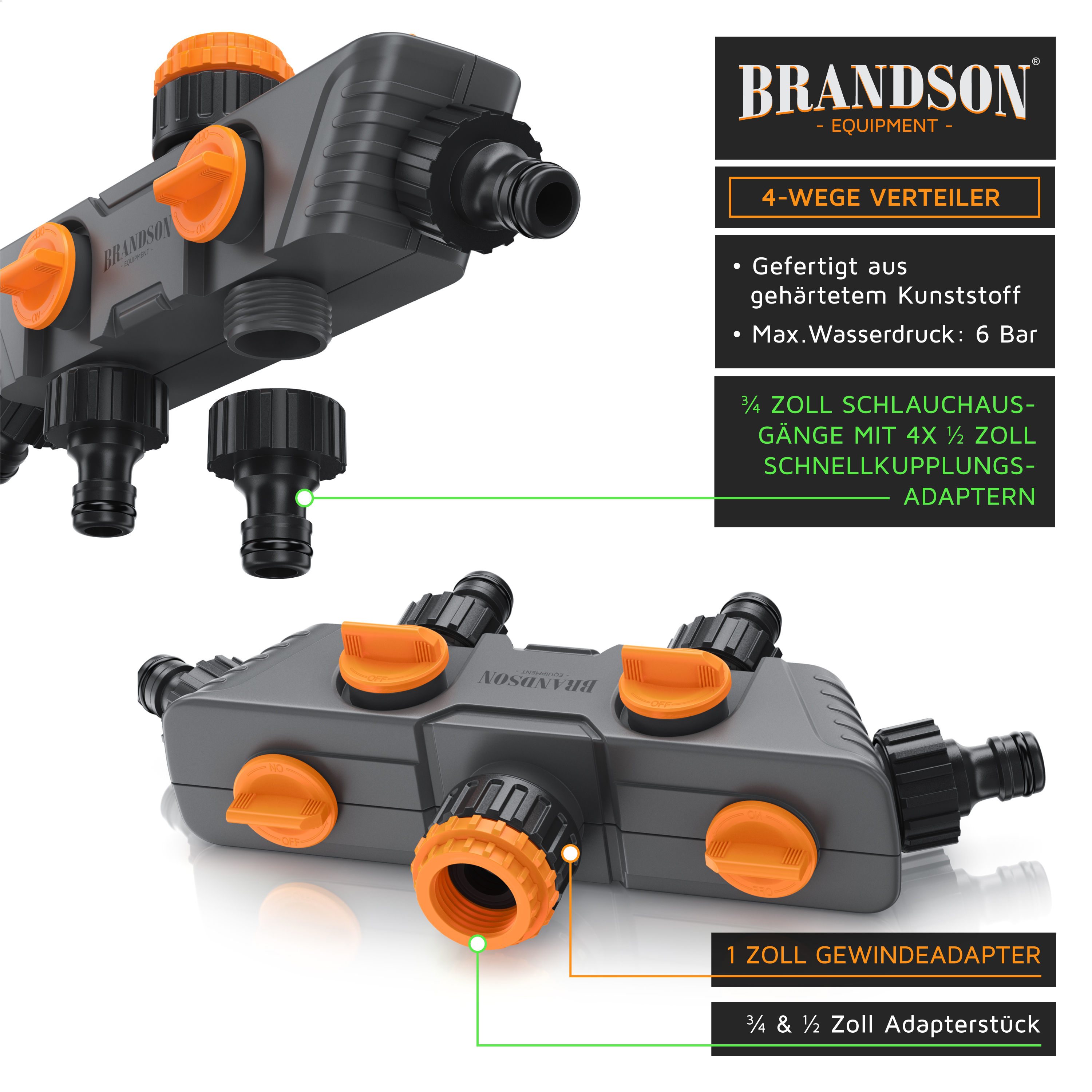 Brandson 4-Wege-Verteiler aus robustem Kunststoff mit orangefarbenen Knöpfen und mehreren Schlauchanschlüssen für eine effiziente Wasserverteilung.