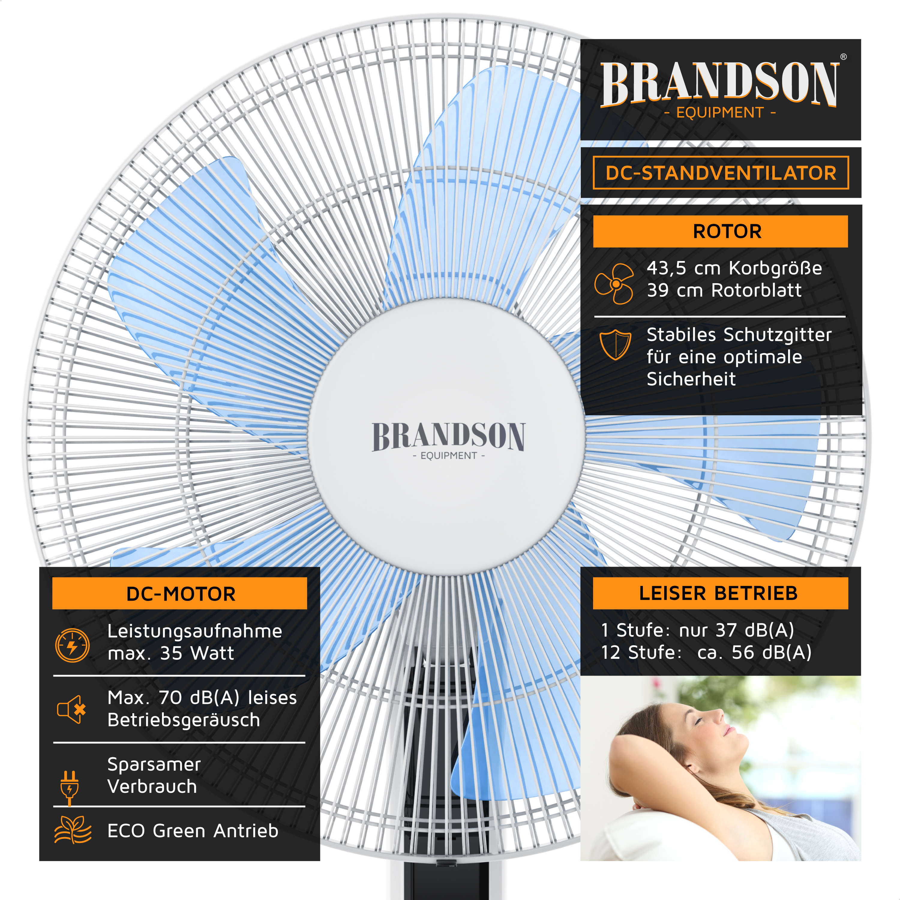 Standventilator von Brandson mit einem Grill mit 43,5 cm Durchmesser, blauen Flügeln und einem stabilen Sicherheitsgitter, konzipiert für einen leisen Betrieb.