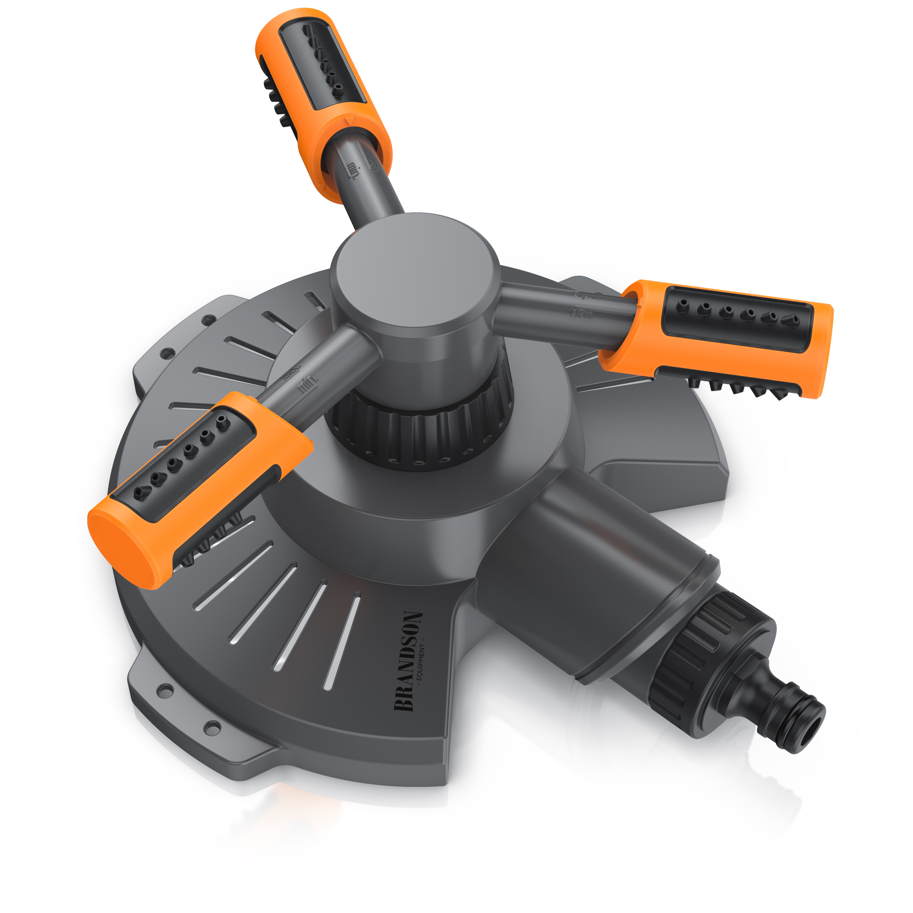 Brandson Sprinkler mit drei verstellbaren Armen in Grau und Orange, ausgestattet mit einem Anschluss für den Gartenschlauch.
