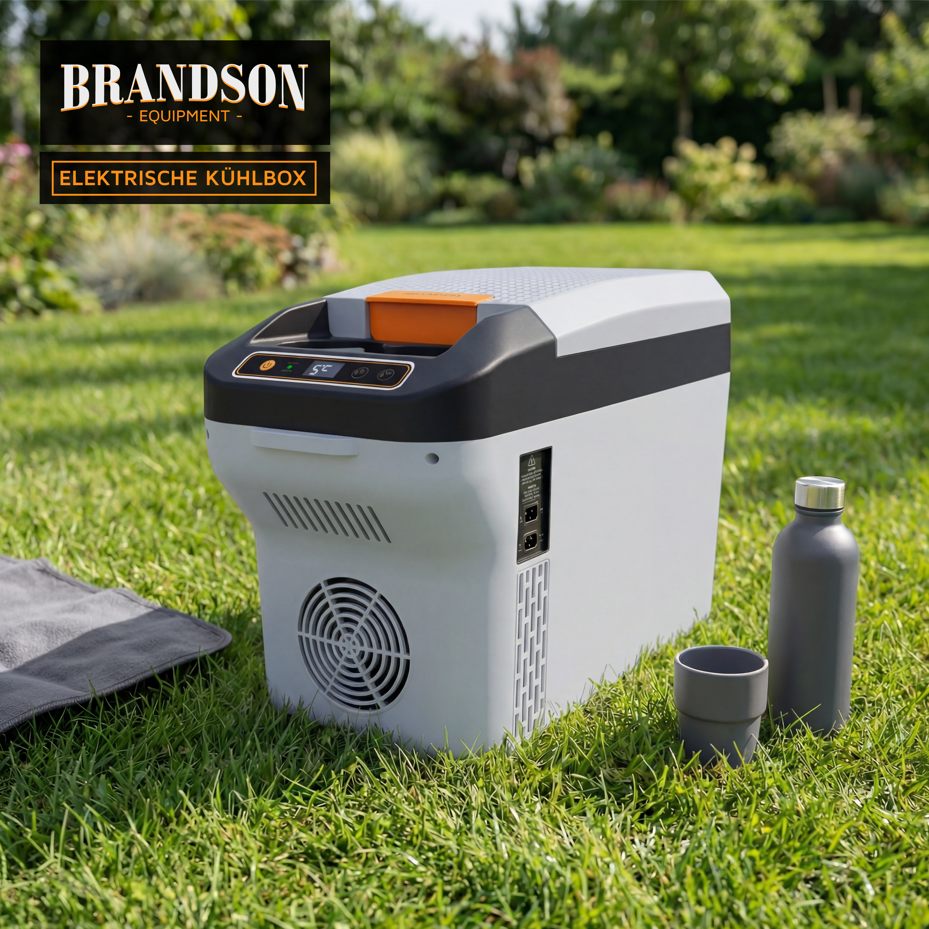 Brandson elektrische Kühlbox in Grau mit orangefarbenem Griff und Bedienfeld, auf grünem Rasen platziert, neben einer Trinkflasche und einem Becher.