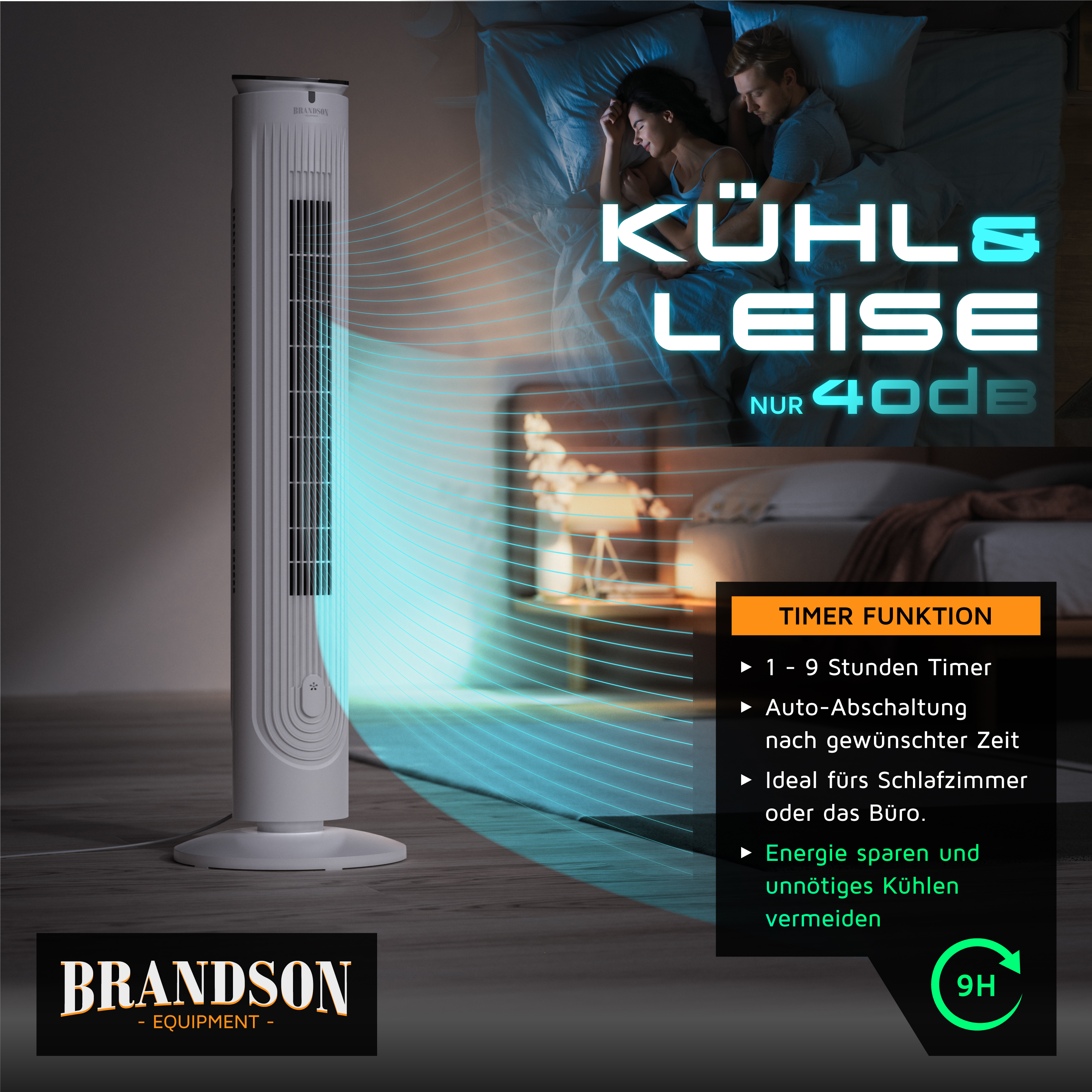 Brandson Turmventilator in Weiß mit elegantem Design, Timerfunktion und leisem Betrieb bei 40 dB, ideal für Schlafzimmer.