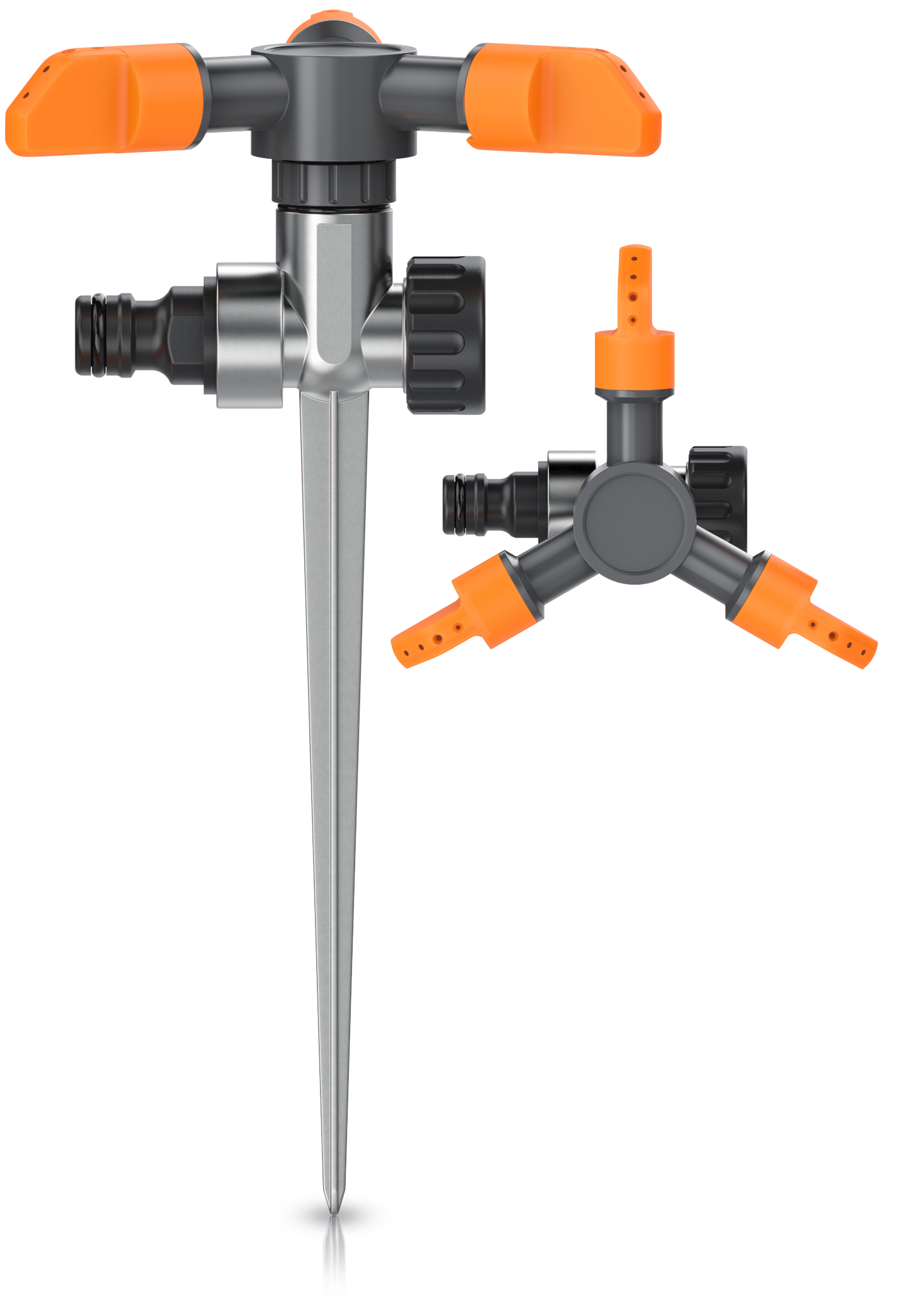 Brandson-Gartensprinkler mit Metallspieß, orangefarbenen und grauen Griffen, einstellbaren Sprühmustern und einem robusten Design für den Außenbereich.