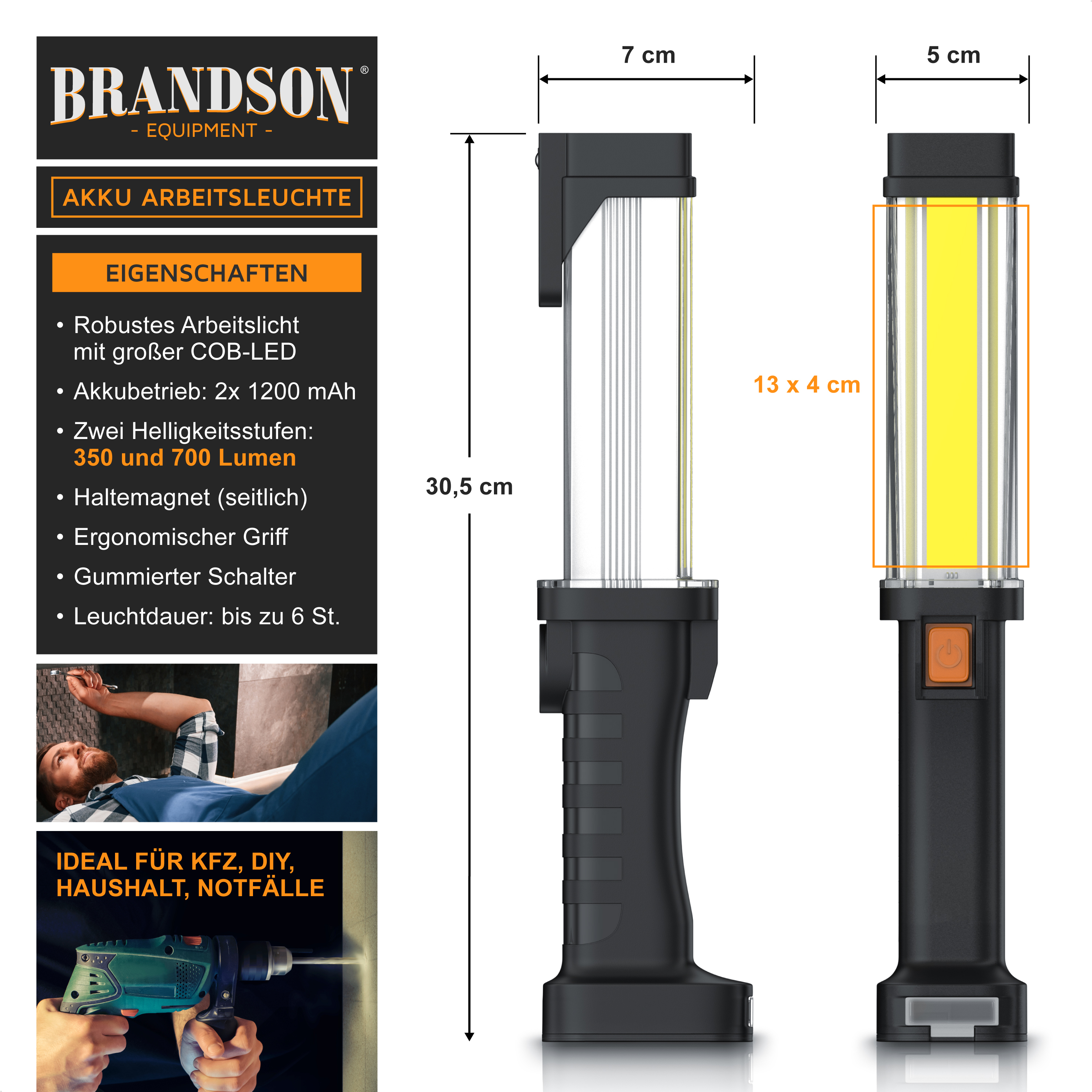Brandson Akku-Arbeitsleuchte mit ergonomischem Griff, gummiertem Schalter und Haltemagnet, ideal für verschiedene Anwendungen.