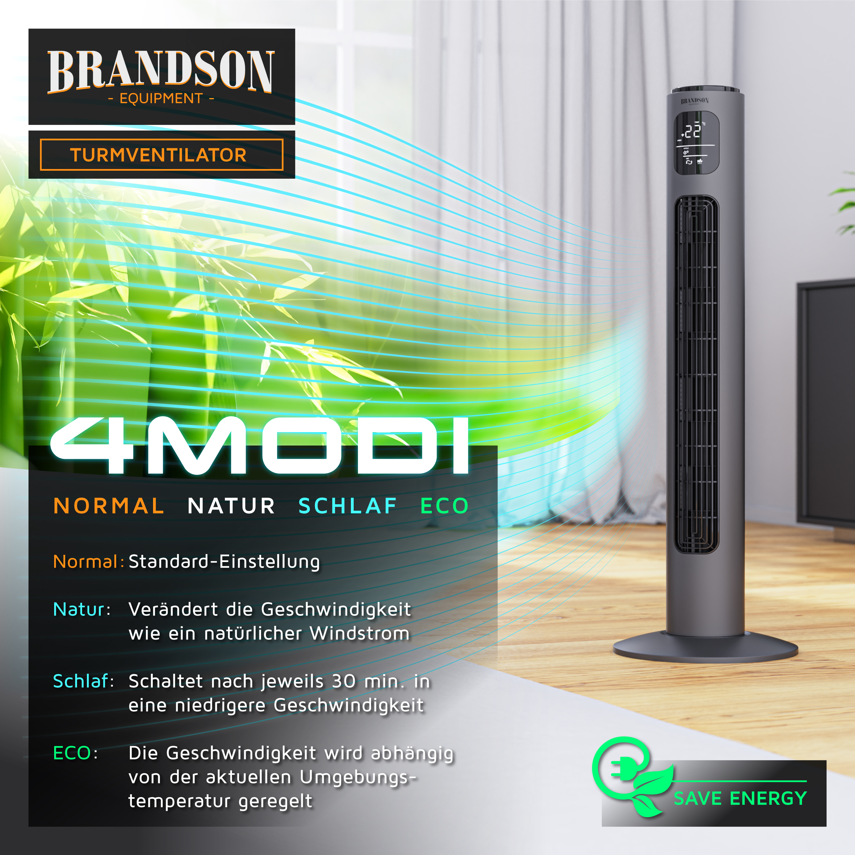 Brandson Turmventilator in Schwarz mit digitalem Display und Bedienfeld, geeignet für verschiedene Windmodi, auf einem Holzfußboden.