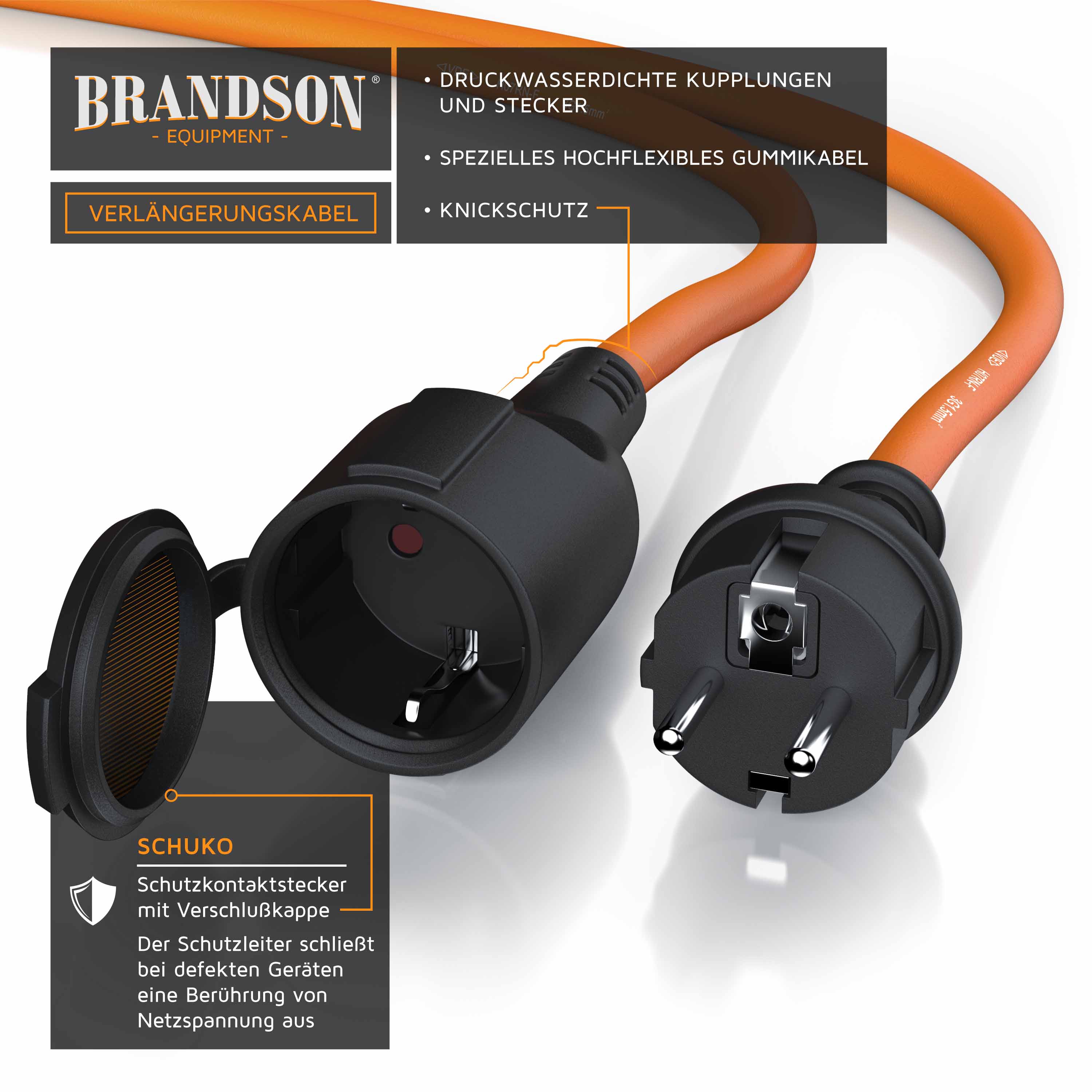 Brandson Verlängerungskabel mit wasserdichten Steckern und flexiblem Gummikabel in Orange, ideal für den Innen- und Außenbereich.