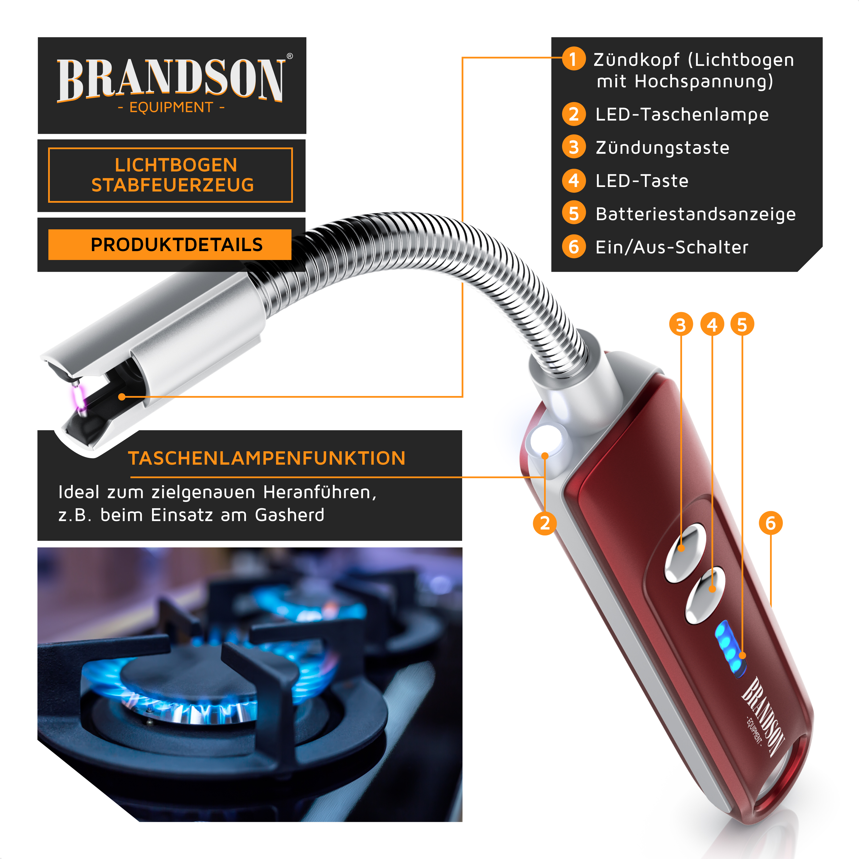 Brandson Lichtbogen-Stabfeuerzeug mit flexiblem Hals, LED-Taschenlampe, Zündtaste und Batterieanzeige in rotem und silbernem Design.