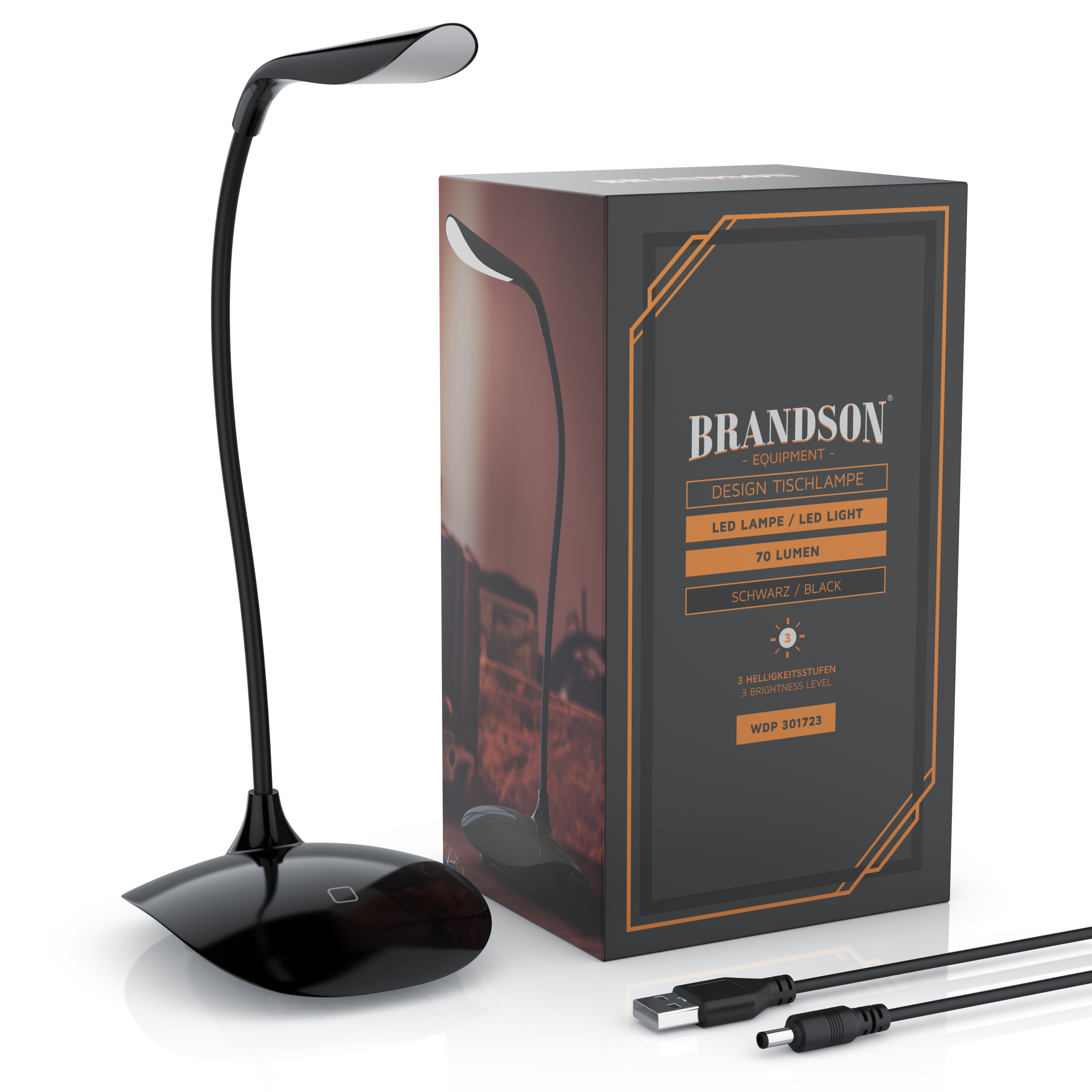 Brandson Tischlampe in Schwarz mit flexiblem Arm und USB-Anschluss, verpackt in einer dekorativen Box.