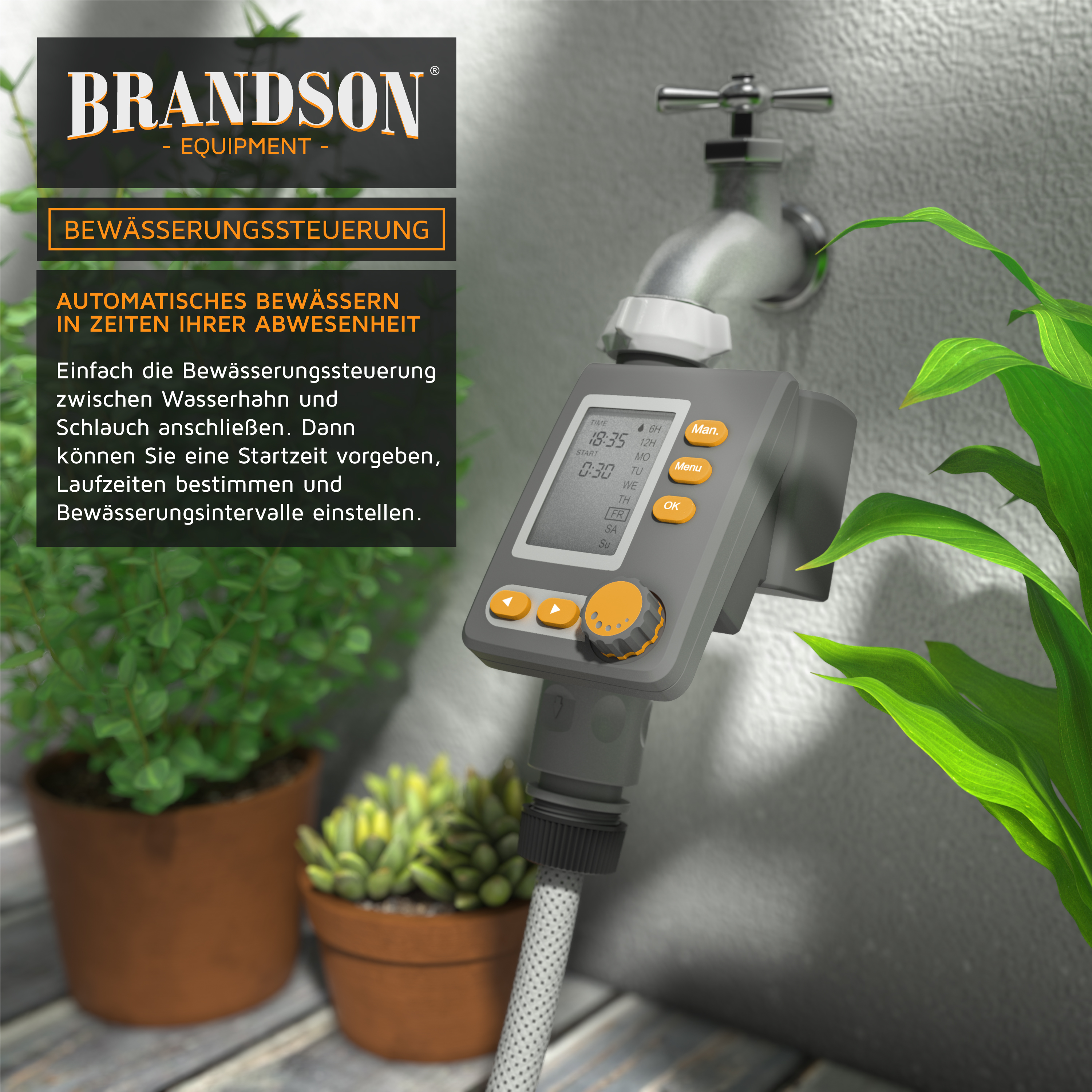 Brandson Bewässerungssteuerung mit digitalem Display und Bedienfeld, graues Gehäuse, orangefarbene Tasten, zur automatischen Gartenbewässerung.