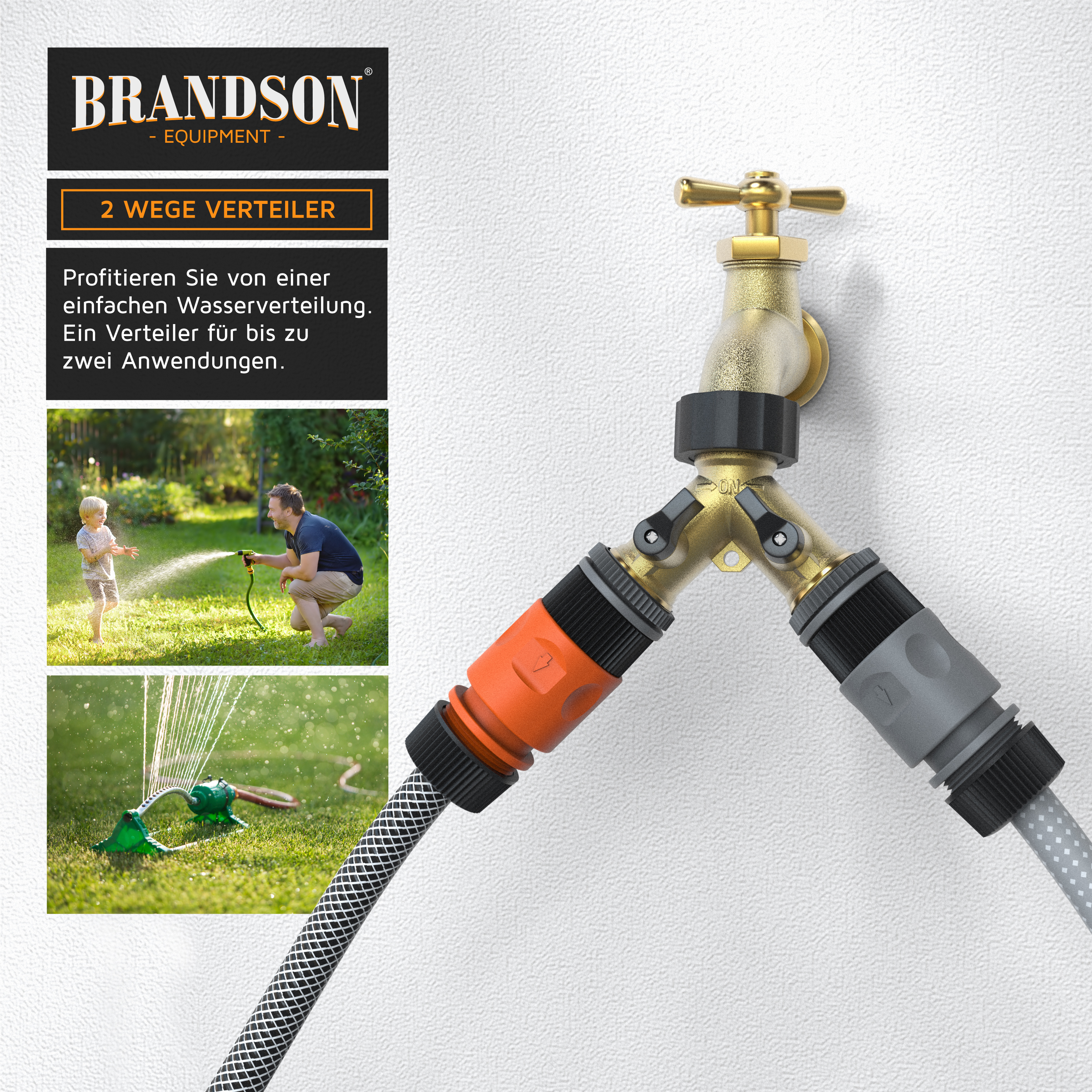 Brandson 2-Wege-Verteiler mit zwei Anschlüssen, aus robustem Material, für einfache Wasserverteilung im Garten.
