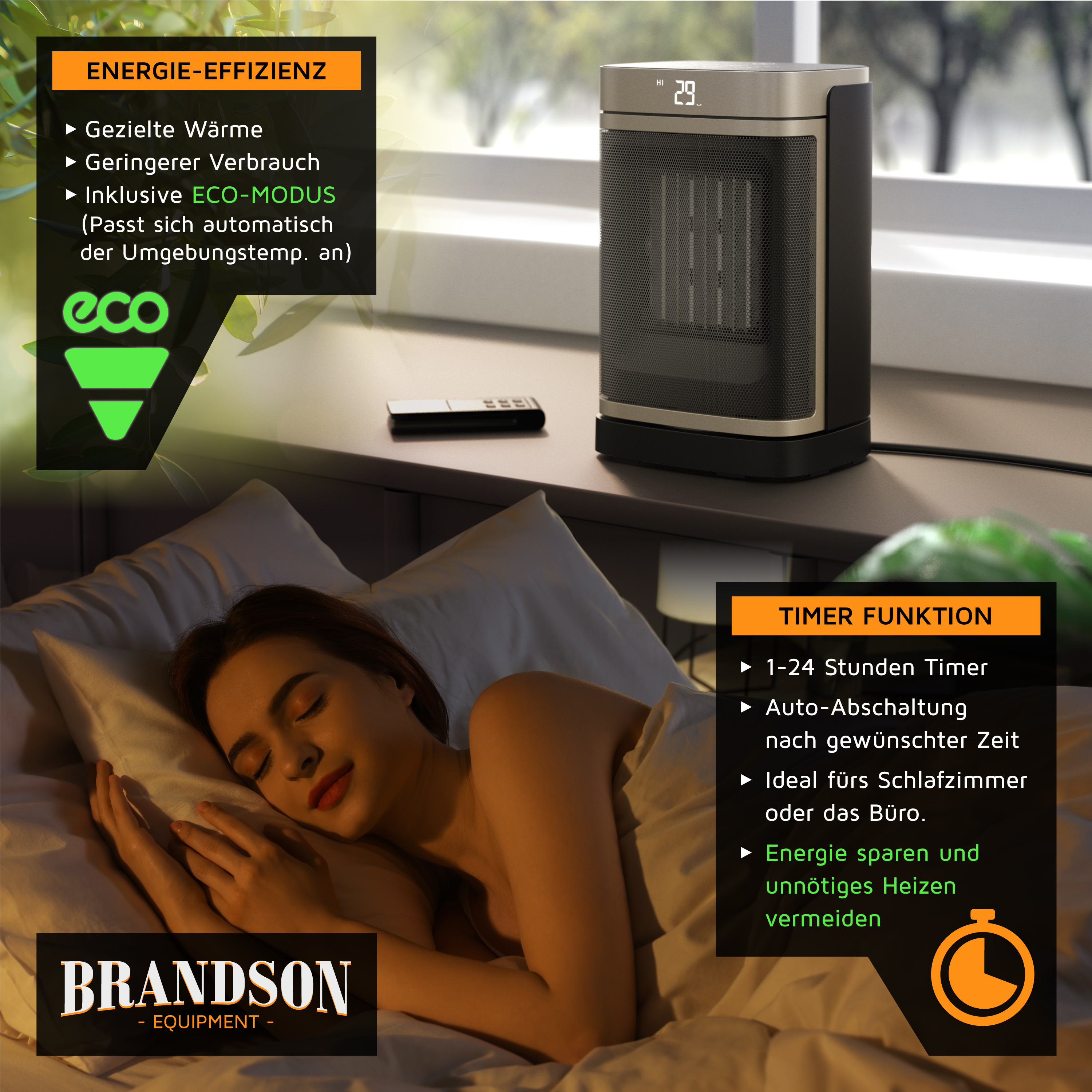 Brandson Heizlüfter in Schwarz mit digitalem Display und Fernbedienung, ideal für Schlafzimmer oder Büro, auf einem Tisch neben einer schlafenden Person.