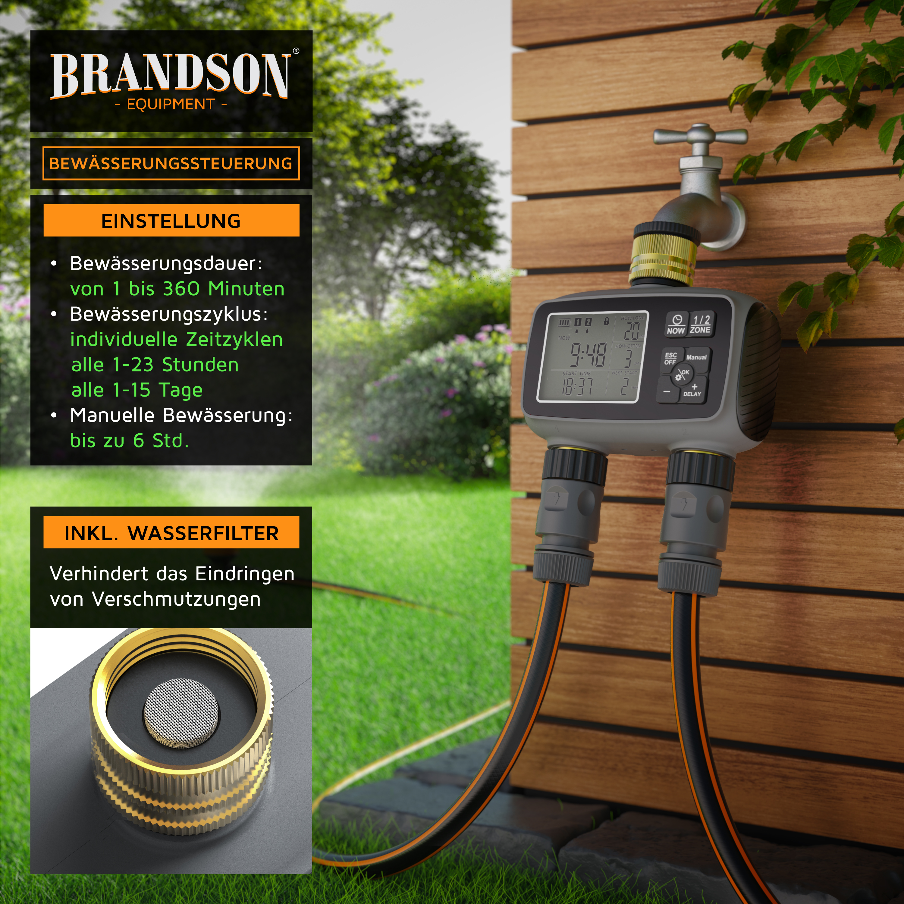 Brandson Bewässerungssteuerung mit digitalem Display, zwei Anschlüssen und Wasserfilter, montiert an einem Wasserhahn im Garten.