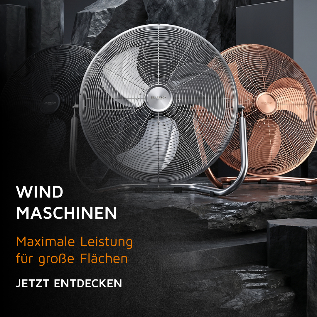 Brandson Windmaschine in Schwarz, Silber und Kupfer mit stabilen Standfüßen und großen Lüfterblättern für effektive Luftzirkulation.