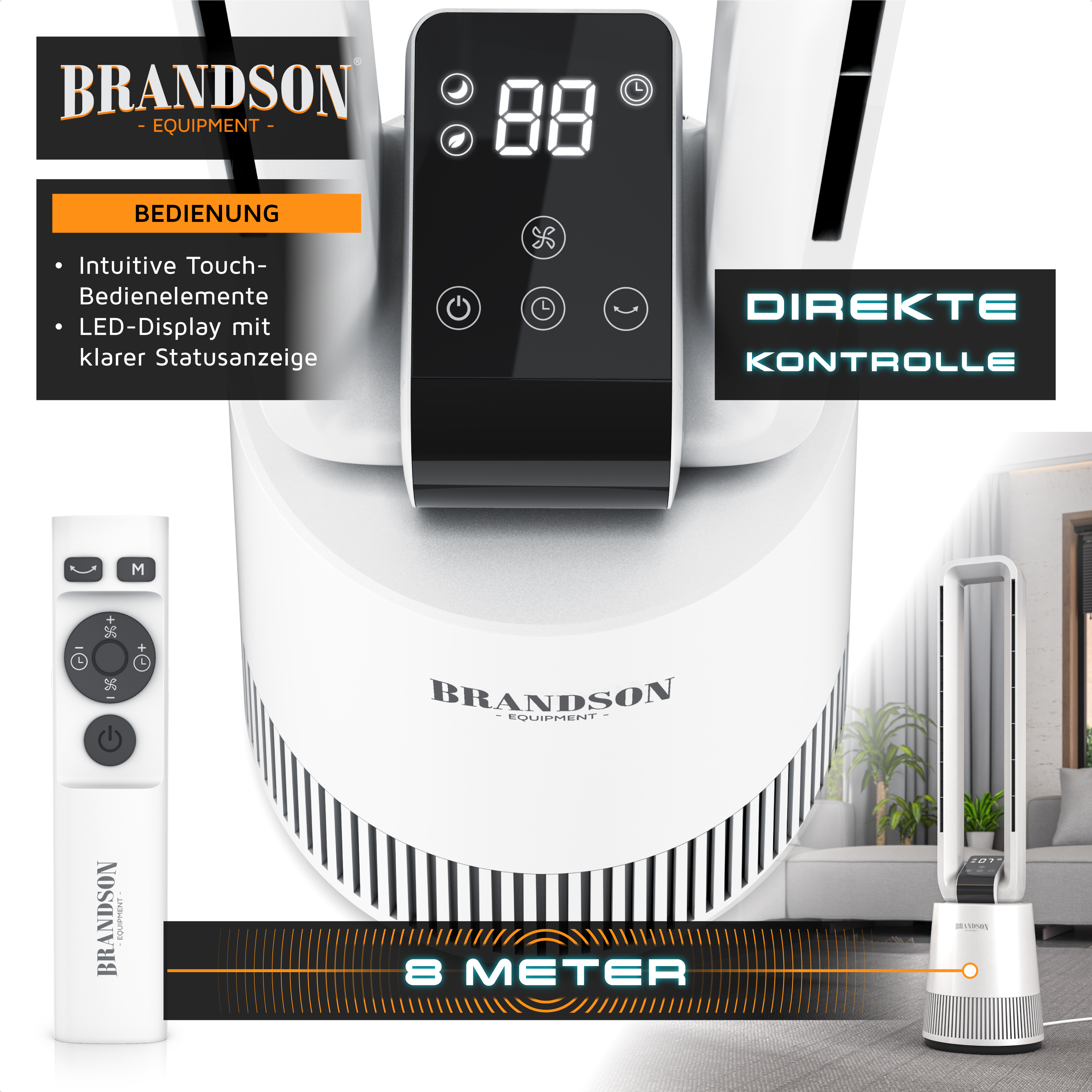 Turmventilator von Brandson mit intuitiver Touch-Steuerung, LED-Anzeige und Fernbedienung, konzipiert für effiziente Kühlung in modernen Innenräumen.
