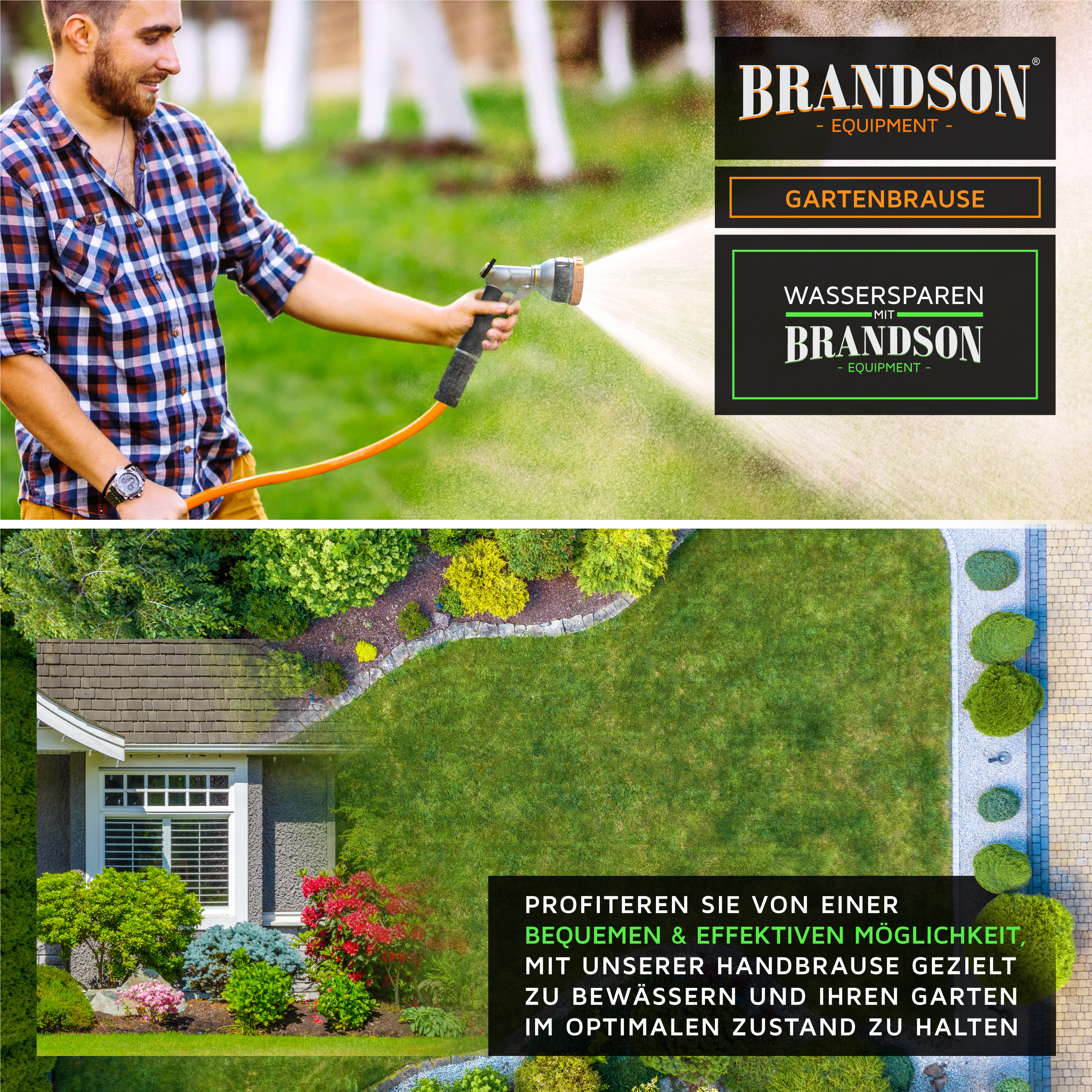 Brandson Gartenbrause mit ergonomischem Griff und verstellbarem Sprühkopf, ideal zum gezielten Bewässern von Gärten.