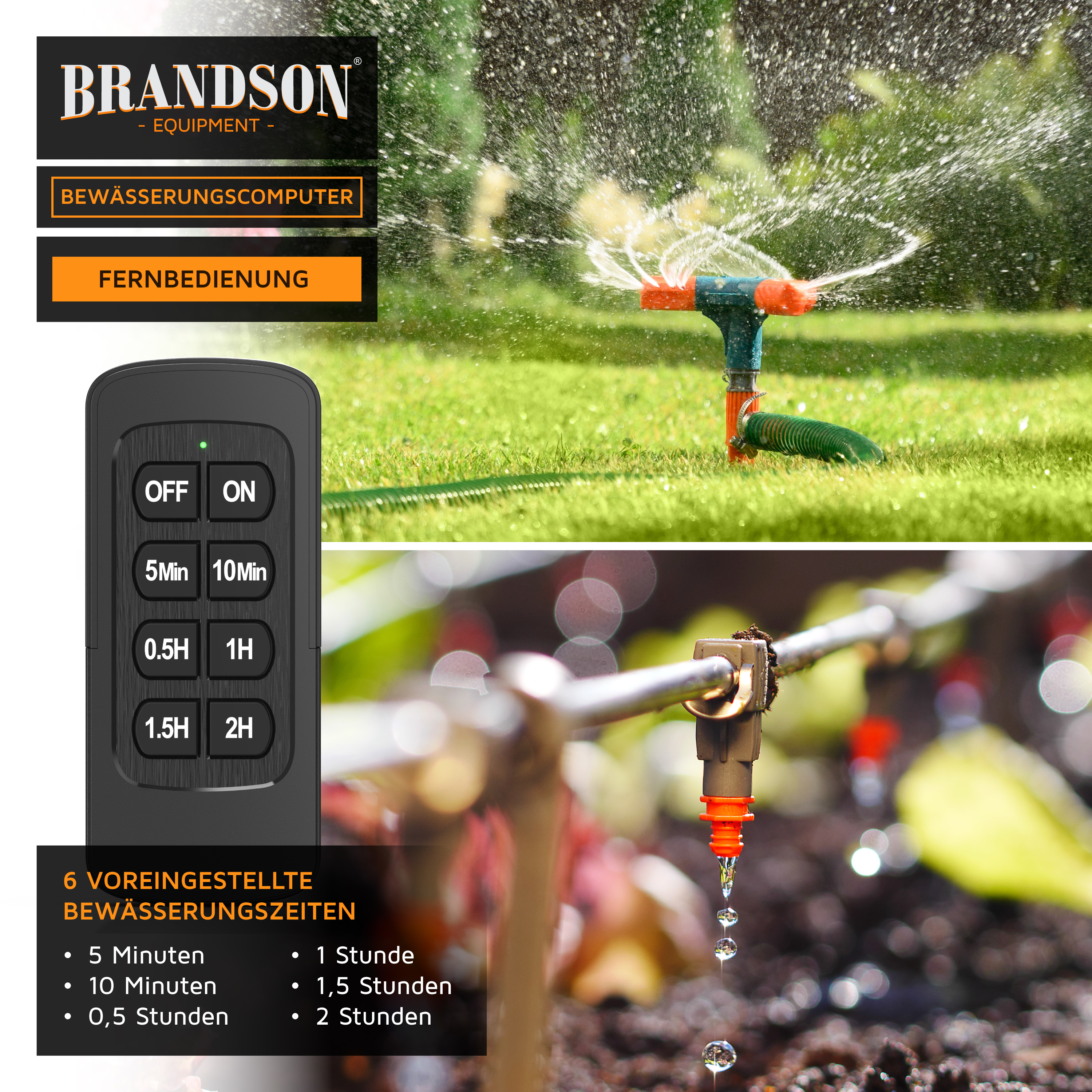 Brandson Bewässerungscomputer mit Fernbedienung, zeigt Sprinkler im Einsatz auf grünem Rasen, Detailaufnahme der Steuerung.