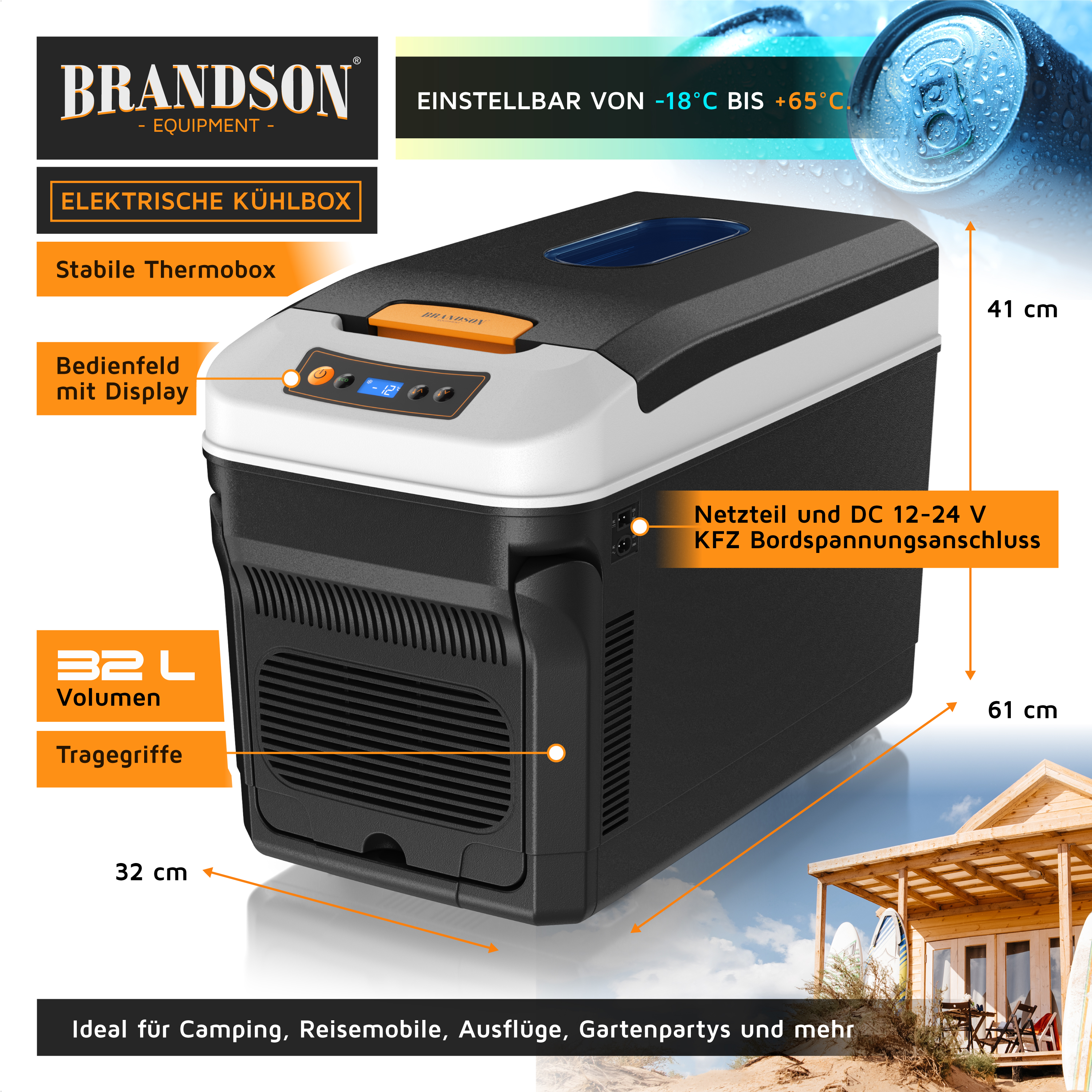 Brandson elektrische Kühlbox mit stabilem Gehäuse, Bedienfeld mit Display, Tragfähigkeit und 32 Litern Volumen, ideal für Camping und Ausflüge.