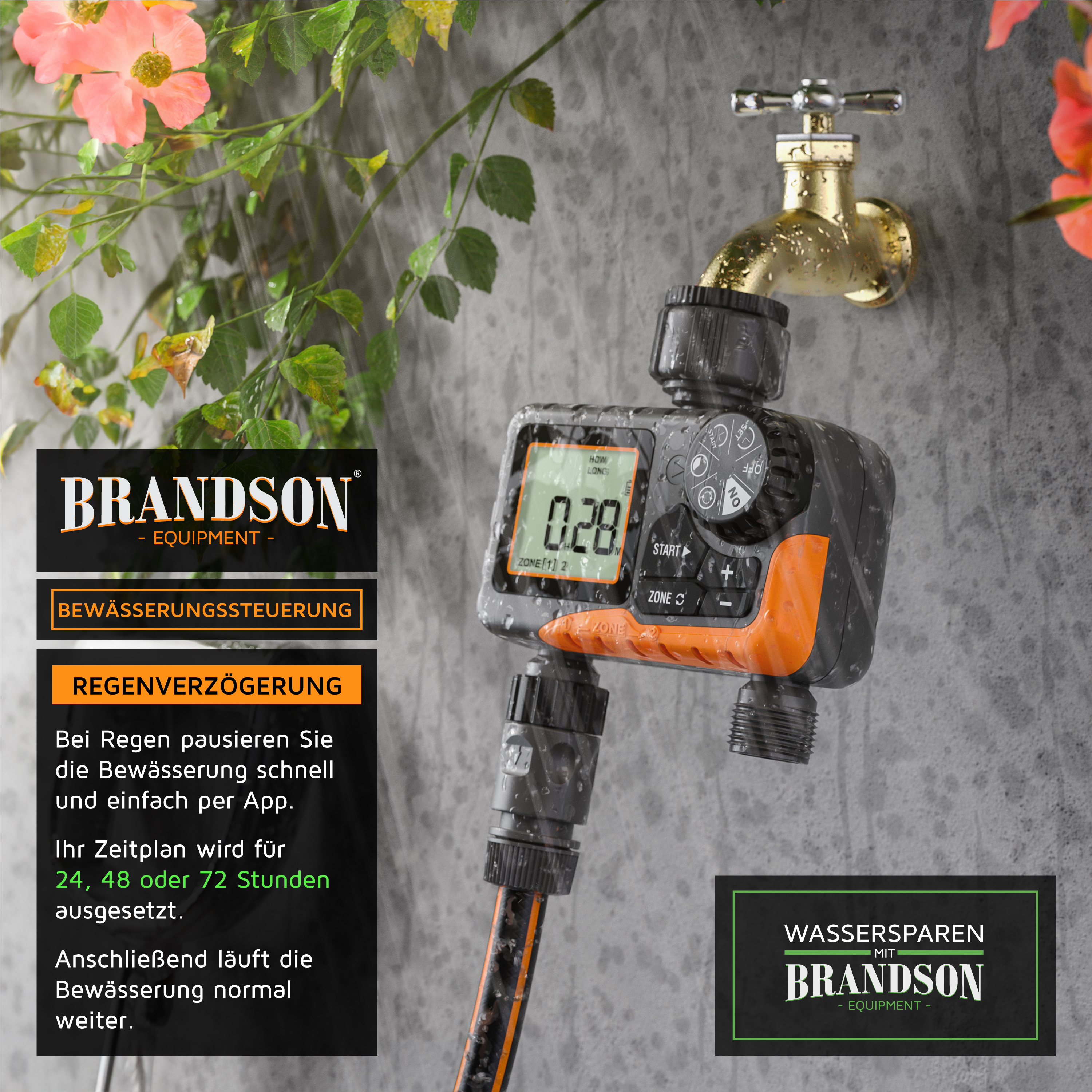 Brandson Bewässerungssteuerung mit digitalem Display und Bedienfeld, wasserdicht, an einem Wasserhahn montiert, umgeben von Pflanzen.