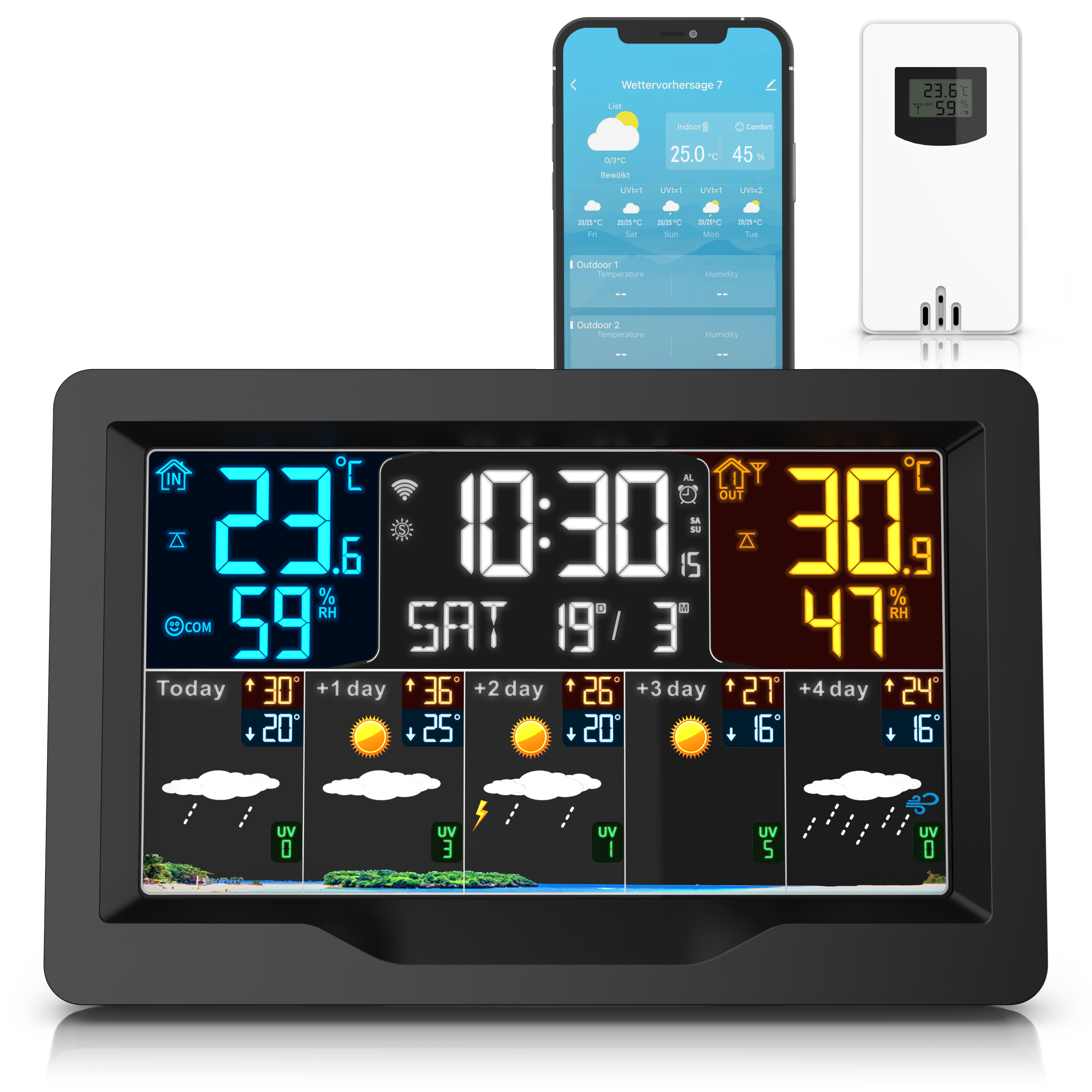 Brandson Wetterstation mit großem Display, zeigt Innen- und Außentemperatur, Luftfeuchtigkeit und Wettervorhersage in verschiedenen Farben.