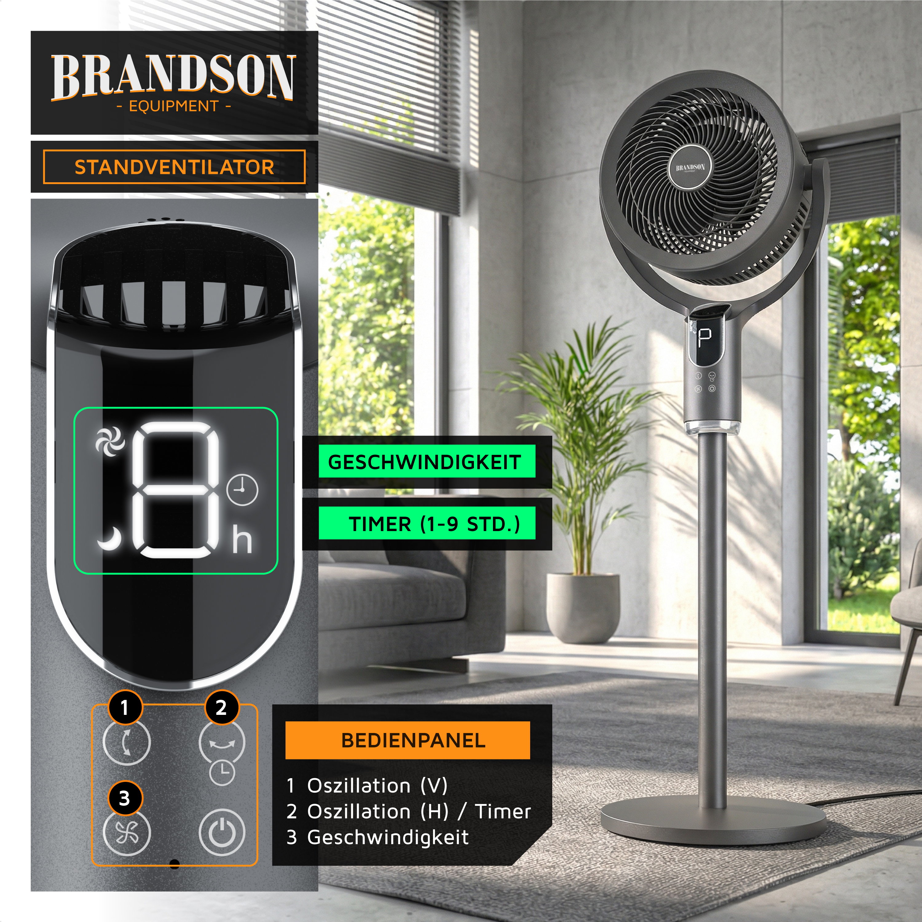 Standventilator von Brandson mit elegantem Design, schwarzer und silberner Farbe, Digitalanzeige und Bedienfeld für Geschwindigkeits- und Timereinstellungen.